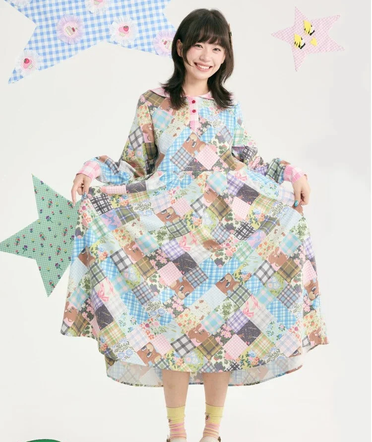 Kawaii Teddy Patchwork Sailor Dress - tntntutu by Land Decora