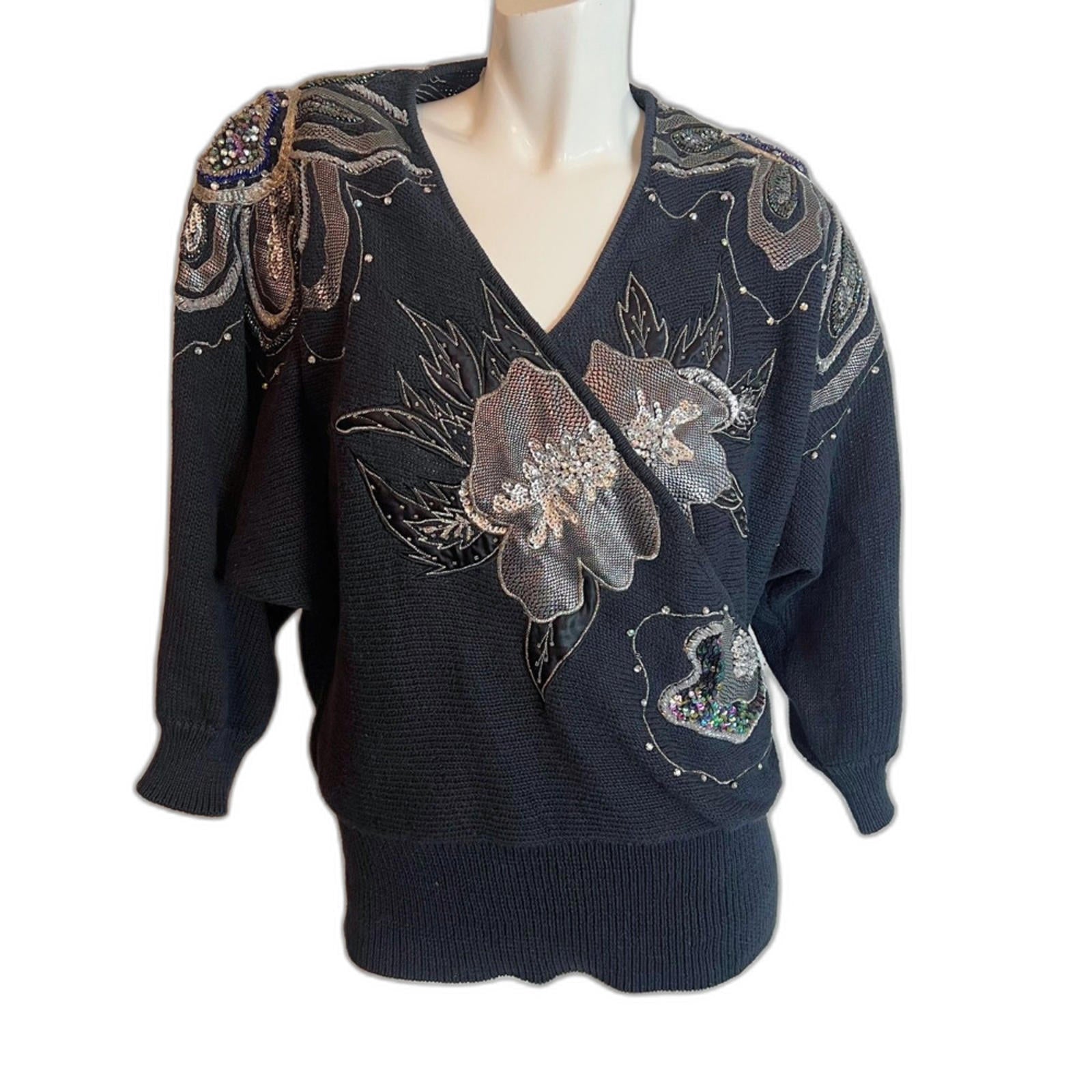 Vintage 80s Bonnie Boerer Black Silver Beaded Embroidered Wrap Sweater by Hot Girl Secondhand