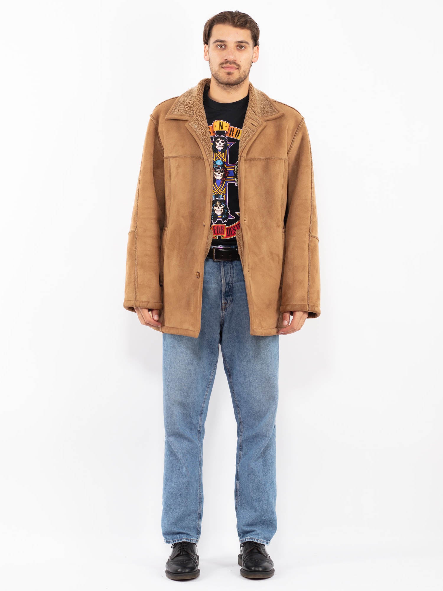 Vintage 90's Men Faux Sheepskin Coat in Beige by Northern Grip