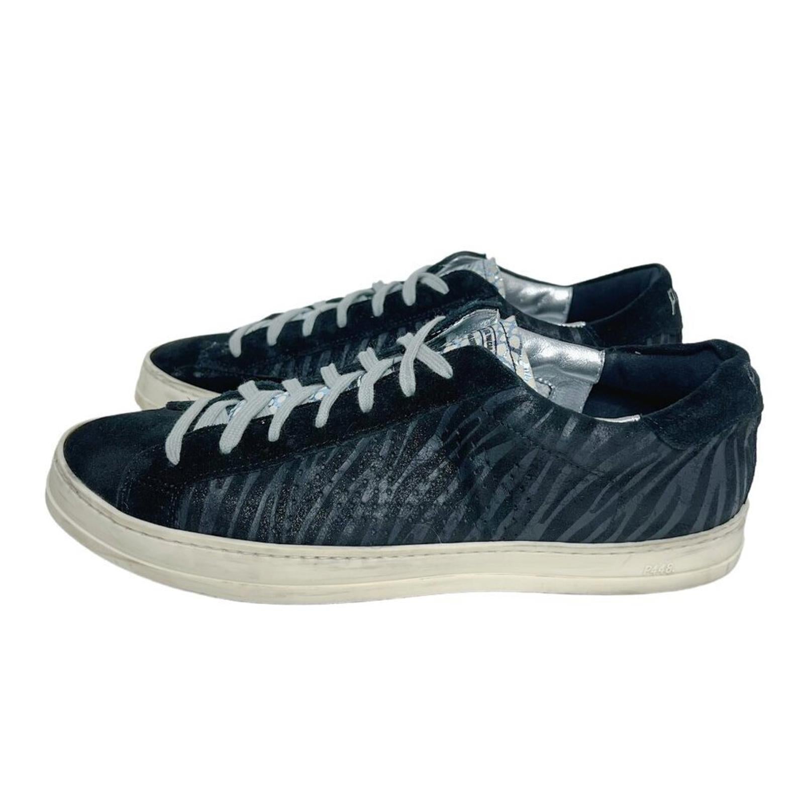 P448 John Black Zebra Print Metallic Suede Leather Low Rise Sneakers S by Hot Girl Secondhand