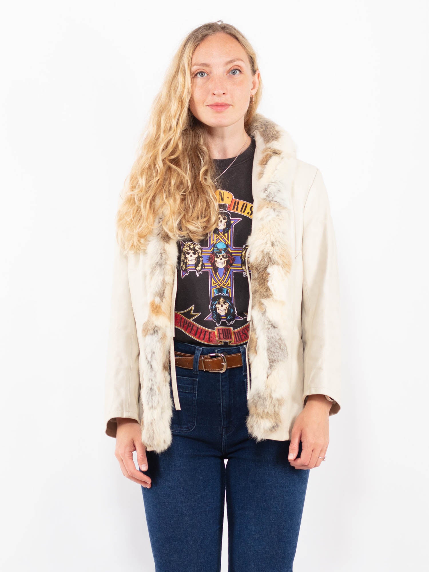 Vintage 90's Women Leather Fur Jacket in Cream White by Northern Grip