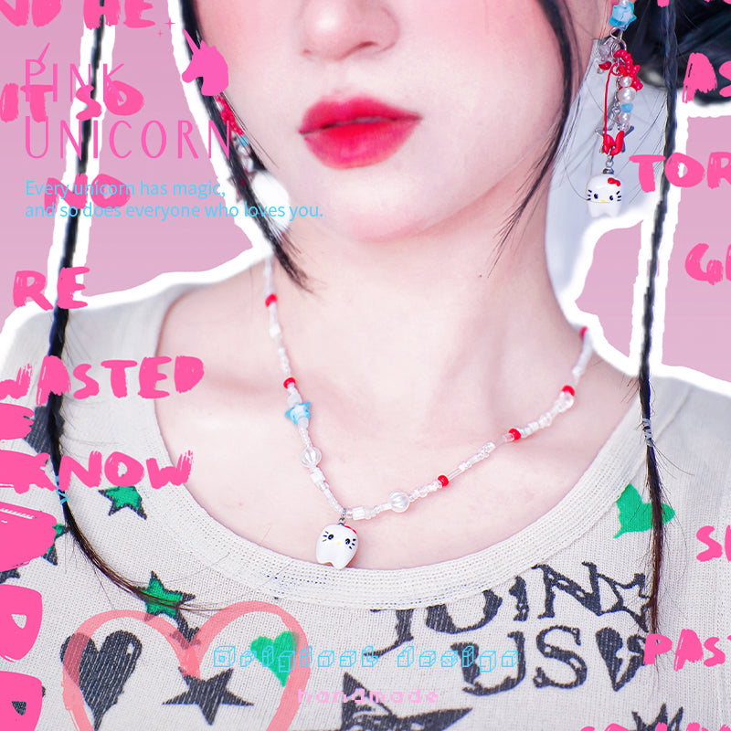 Kawaii Beaded Kitty Pendant Necklace - Pink Unicorn Sweet Asymmetric Choker by Land Decora