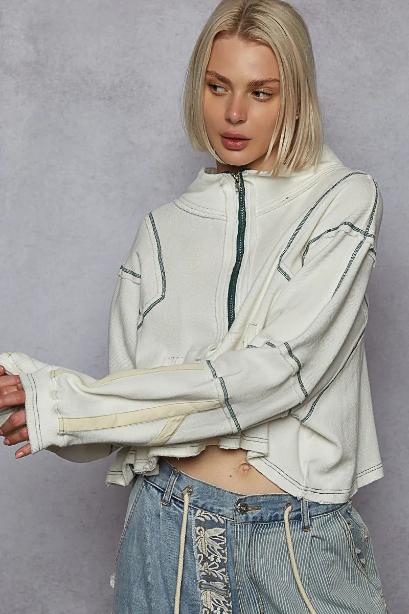 POL Contrast Stitching Zip Front Sweatshirt by RAËLIV