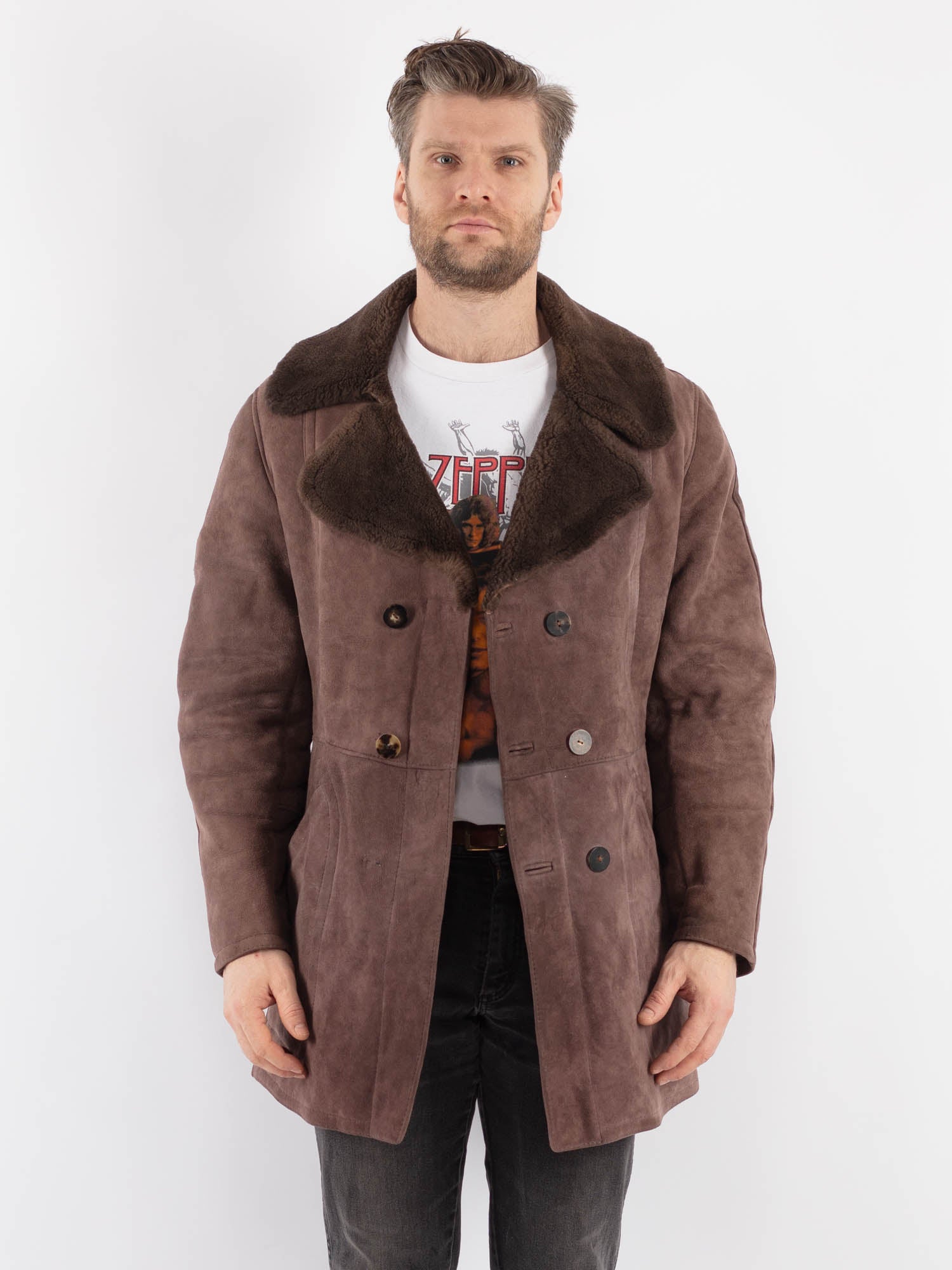 Vintage 70's Men Sheepskin Coat in Brown by Northern Grip