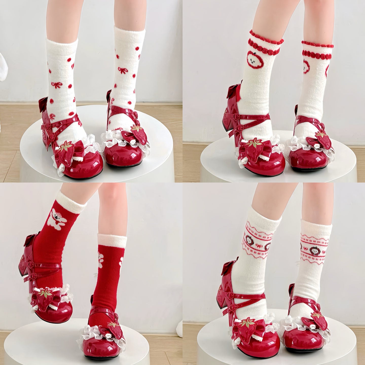 Kawaii Christmas Bow Mid Socks - 2 Bears by Land Decora