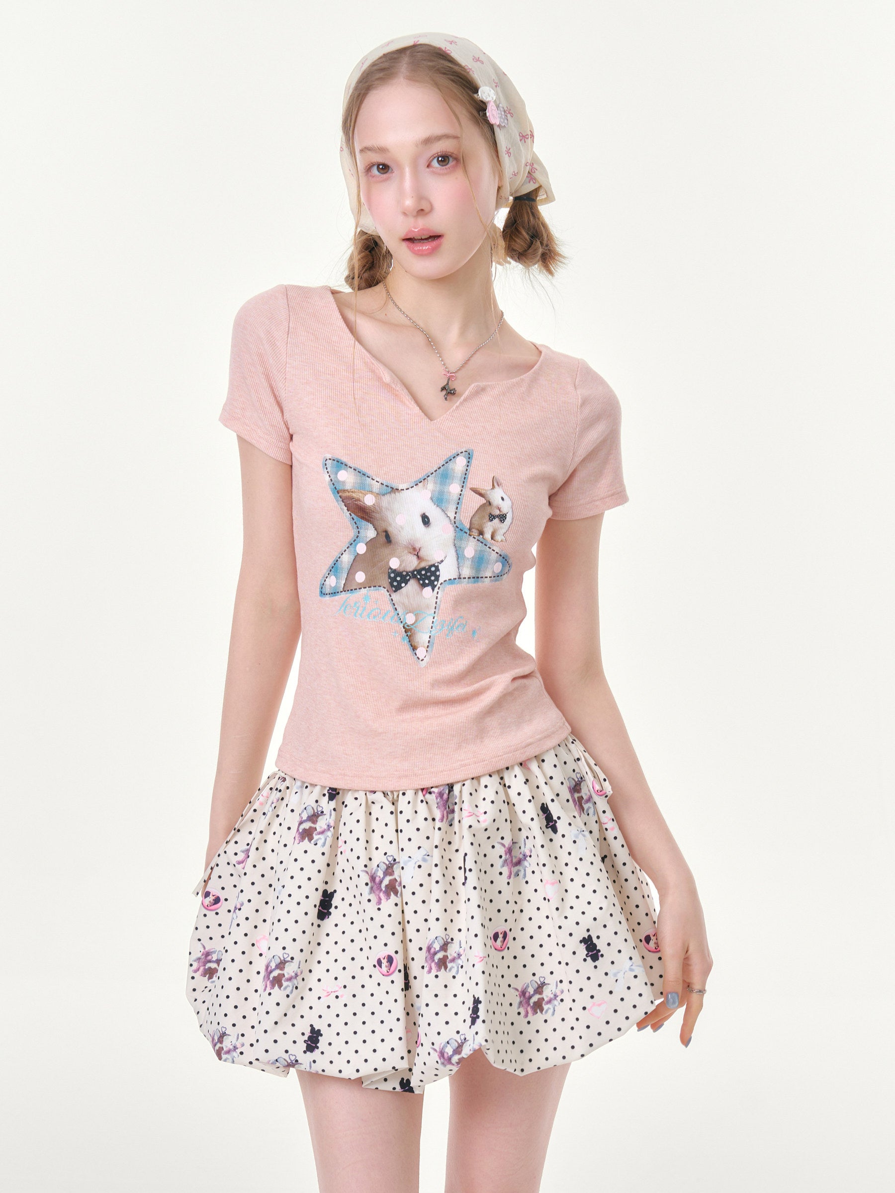 Kawaii Star Bunny V-Neck Tee - ziziFei by Land Decora
