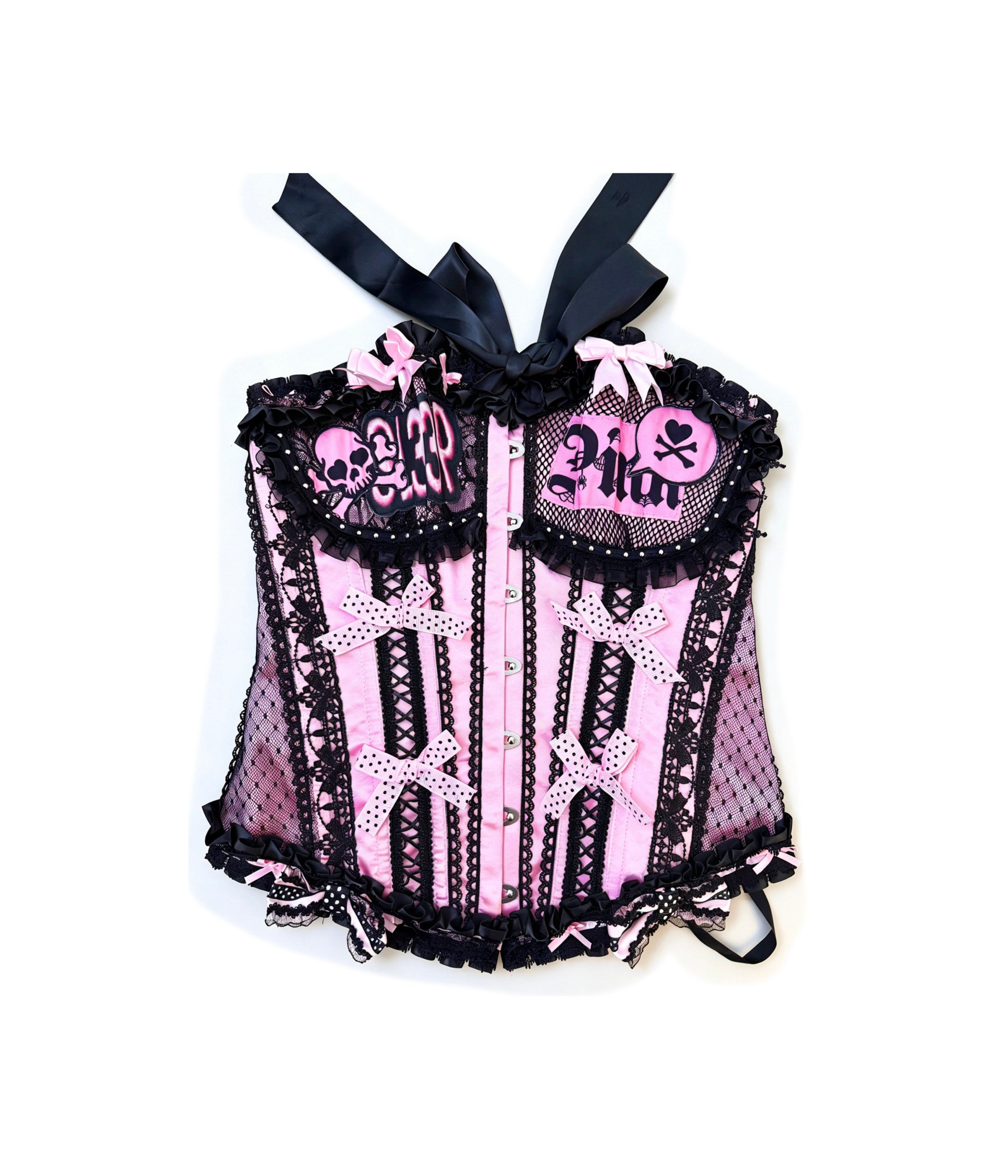 Black Pink Lace Corset Top | Jirai Kei Y2K Gyaru Fashion by Land Decora