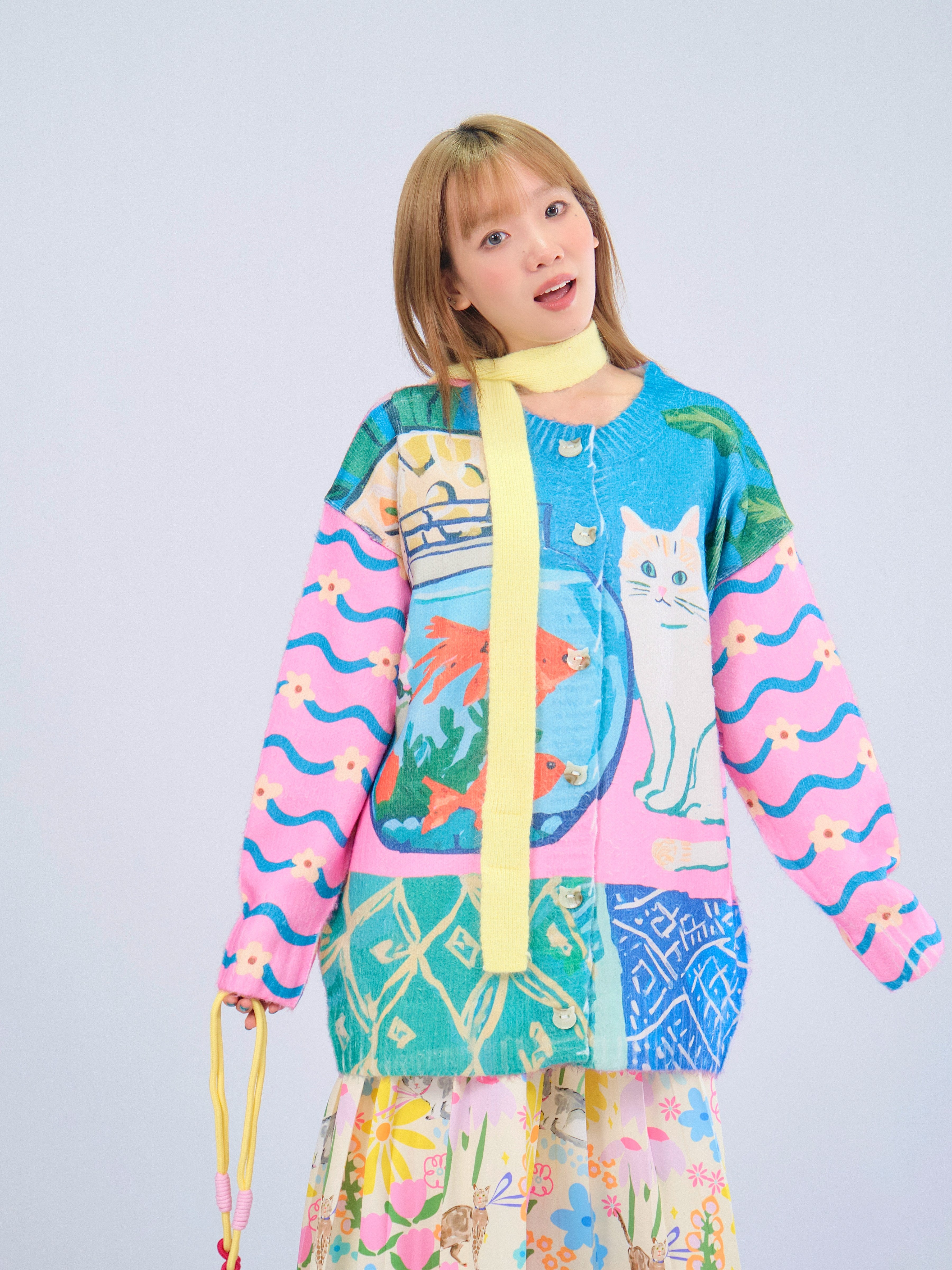Kawaii Fishbowl Cat Knit Cardigan Loose Fit Soft Mid-Length - MeowMeow Bug by Land Decora