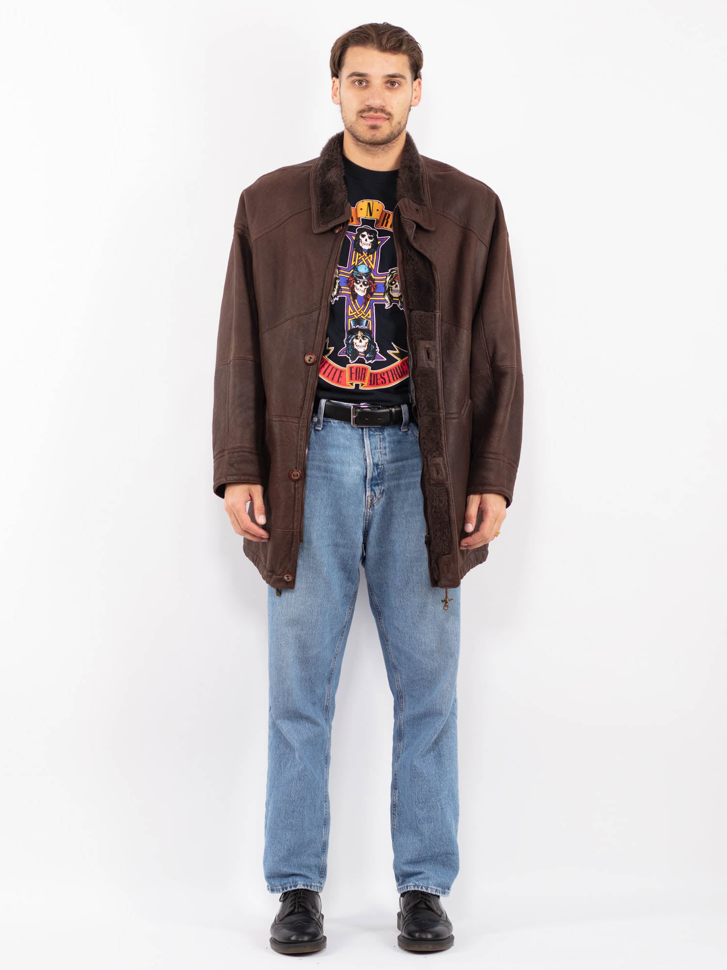 Vintage 90's Men Sheepskin Leather Coat in Brown by Northern Grip