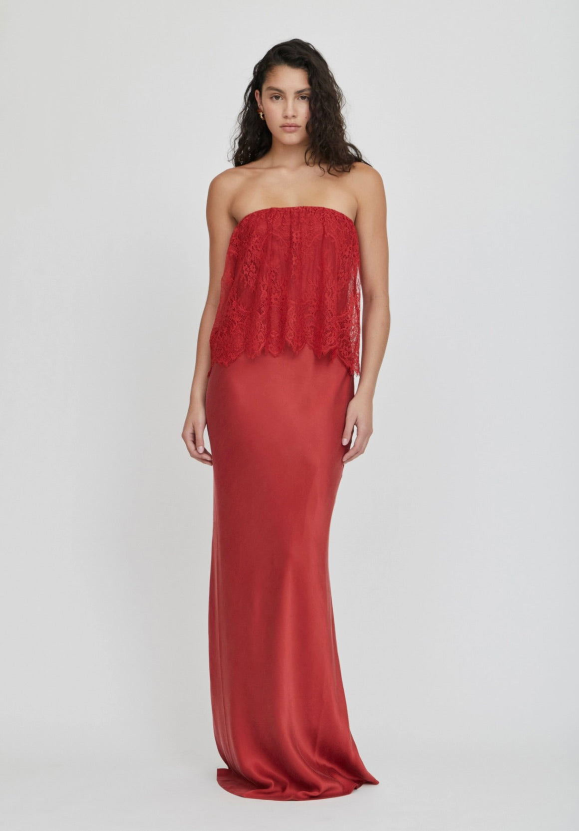 THIRD FORM Visions Lace Strapless Maxi Dress in Crimson by Sierra Deene