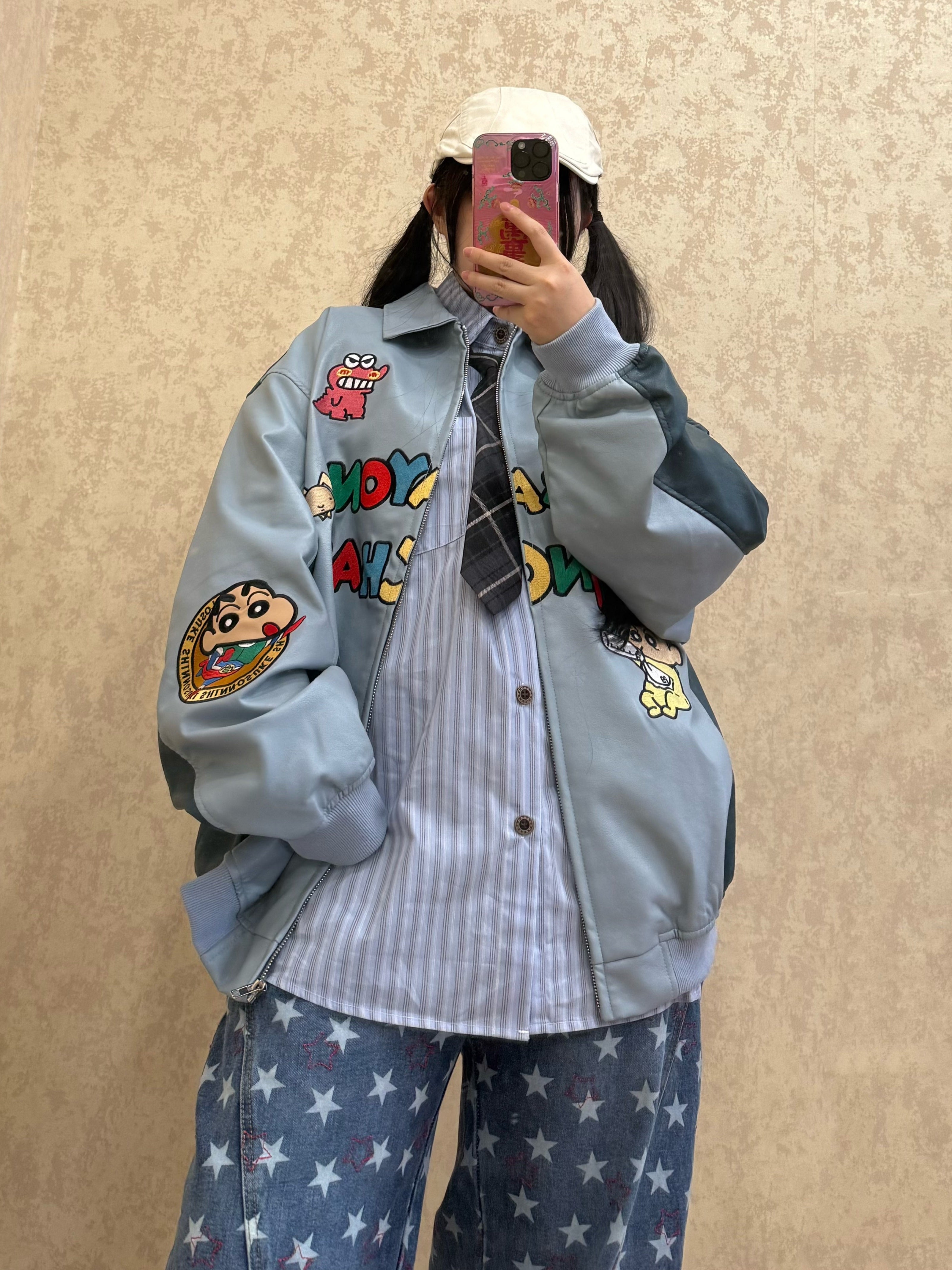Kidcore Baseball Jacket Blue Embroidered PU Unisex - BIBULU by Land Decora