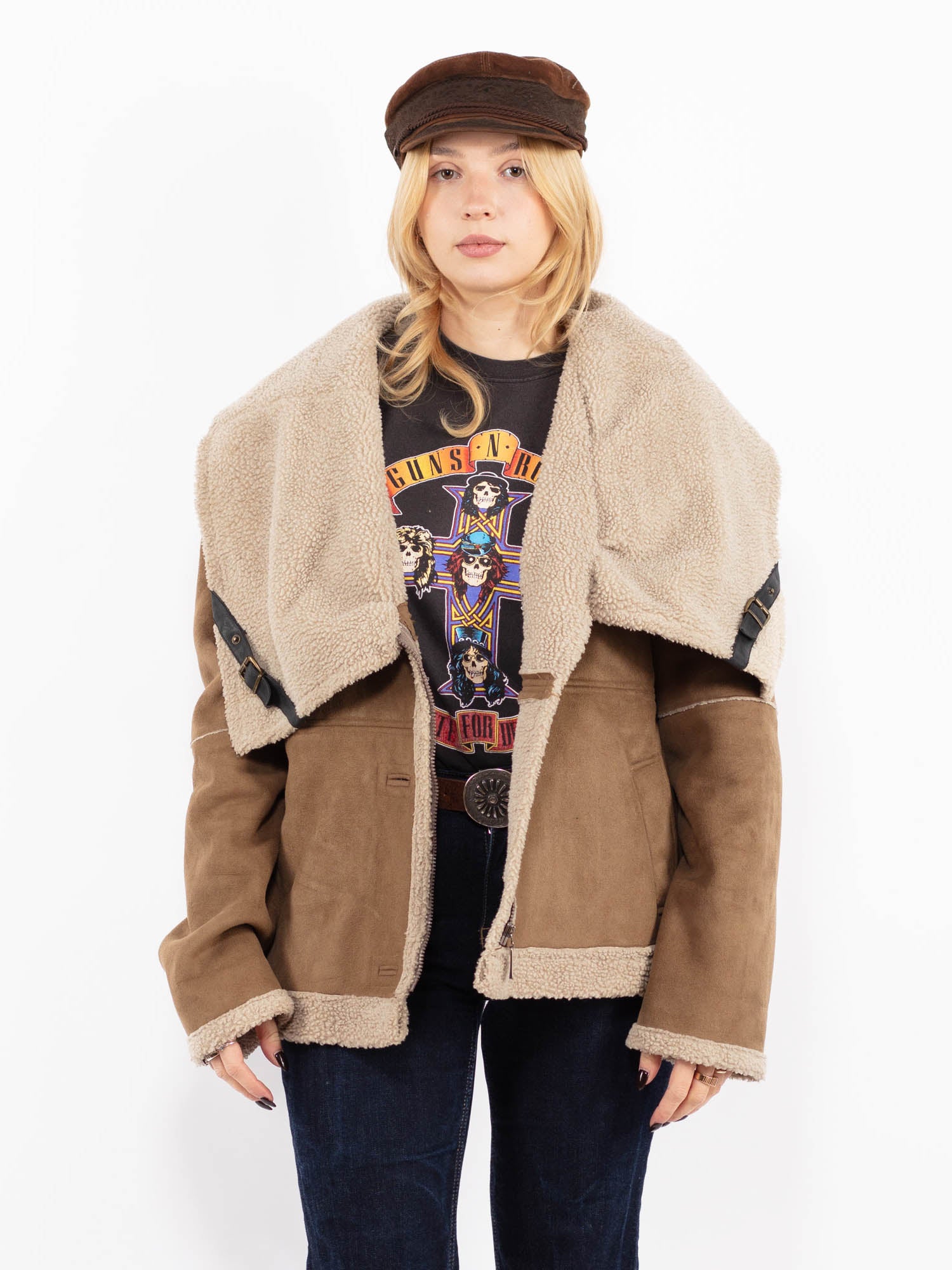 Vintage 90's Women Faux Shepskin Bomber Jacket in Beige by Northern Grip