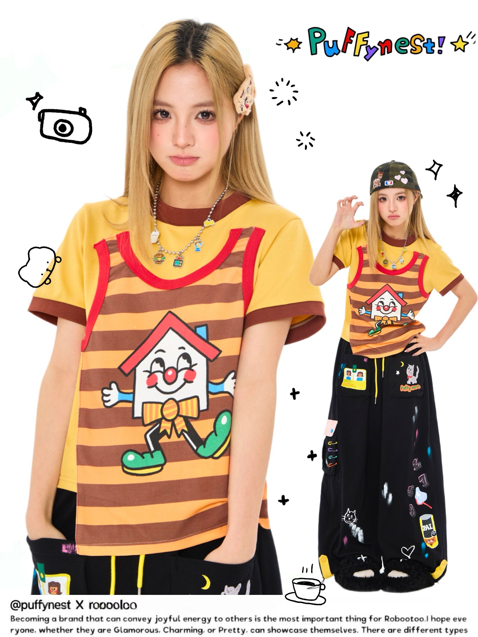 Brown Yellow Faux Layered T-Shirt Y2K Kawaii - Robootoo by Land Decora
