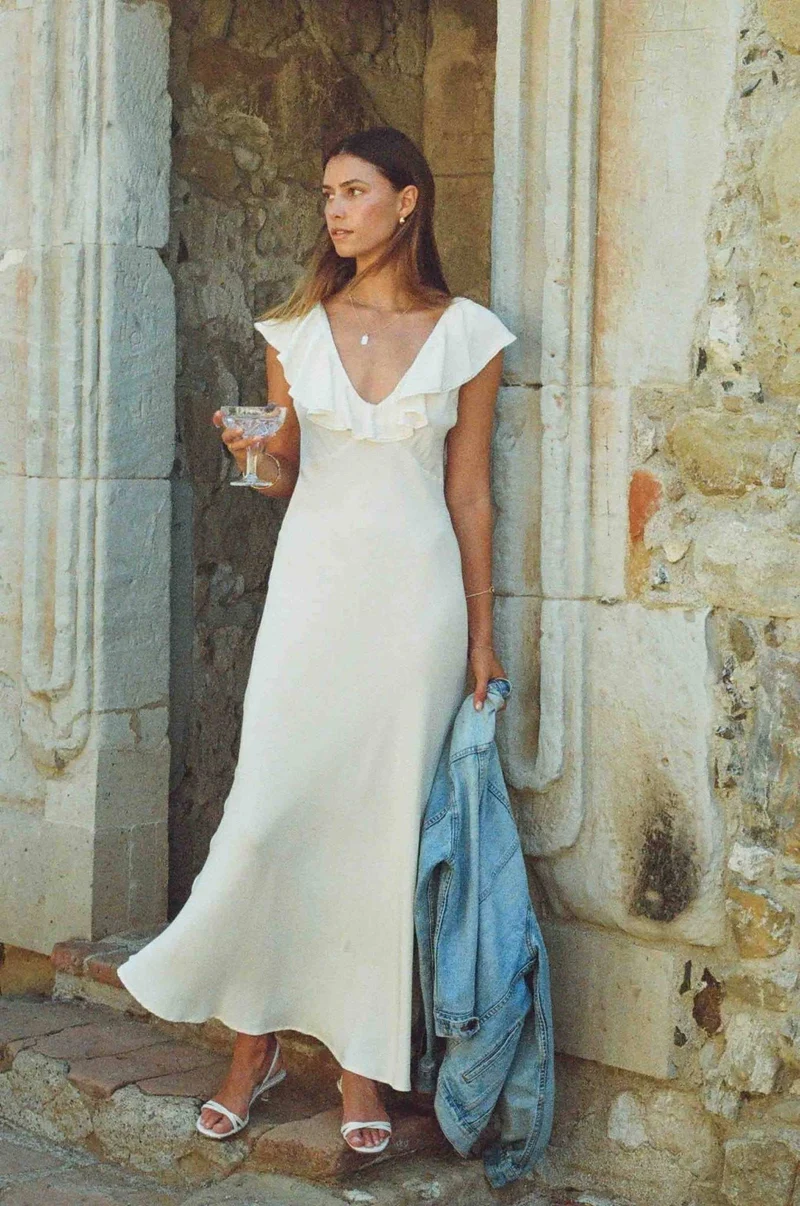 Florence Dress - Ivory Silk Dress With Neckline Lace Trim by Merritt Charles