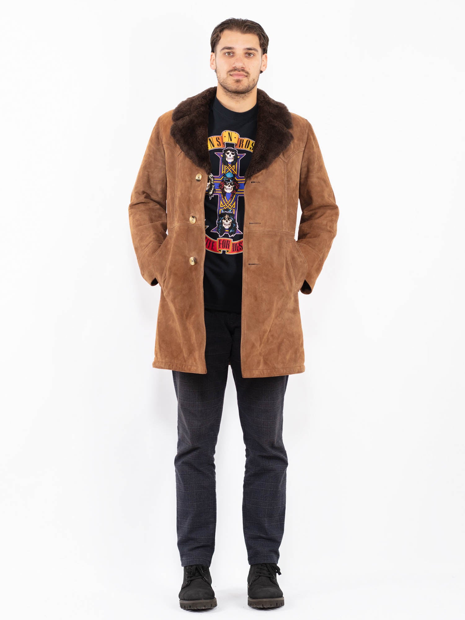 Vintage 70's Men Suede Sherpa Coat in Brown by Northern Grip