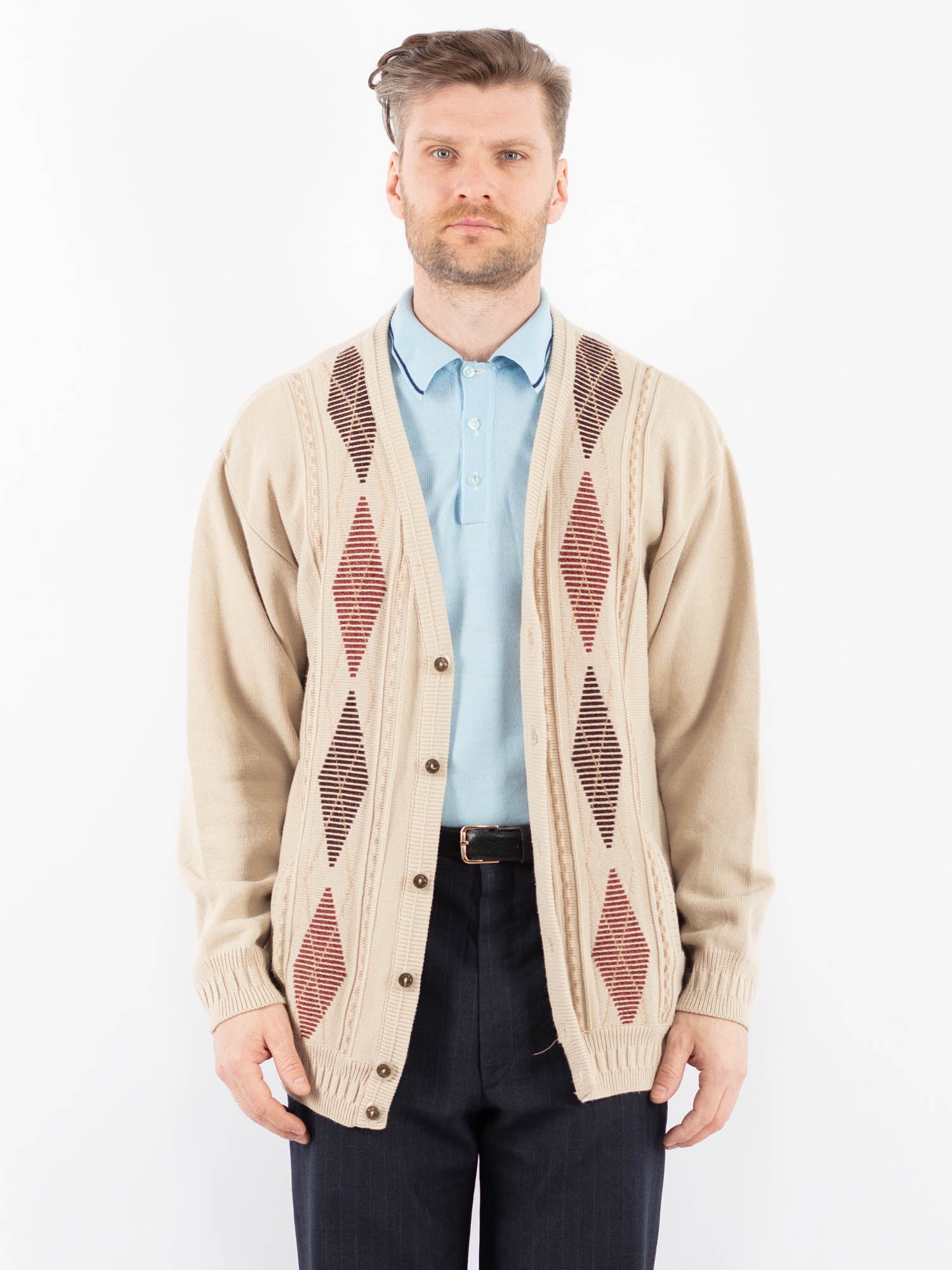 Vintage 90's Men Patterned Cardigan in Beige by Northern Grip
