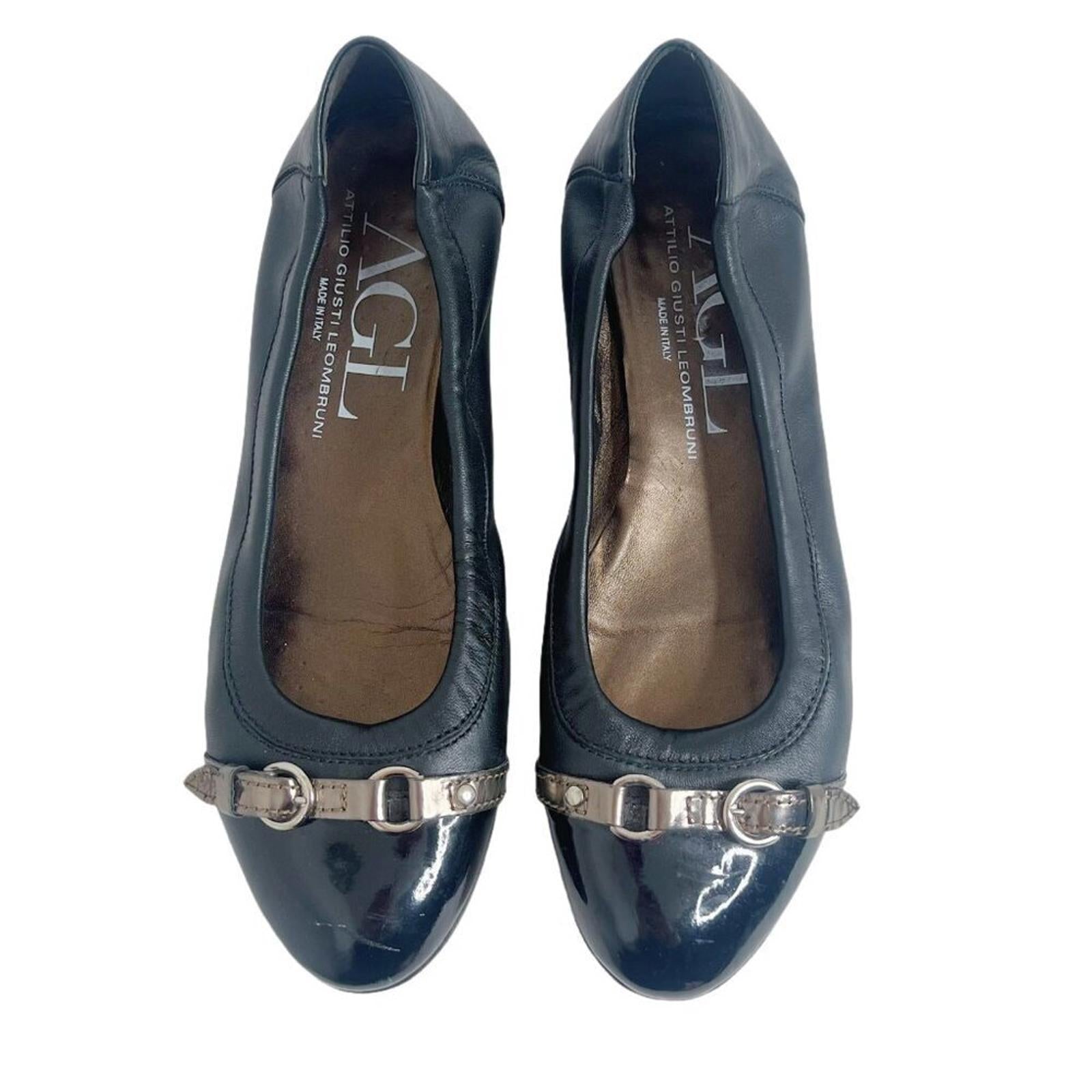 AGL Monika Cap Toe Ballet Flat Black Leather Bronze Buckle Women's Siz by Hot Girl Secondhand
