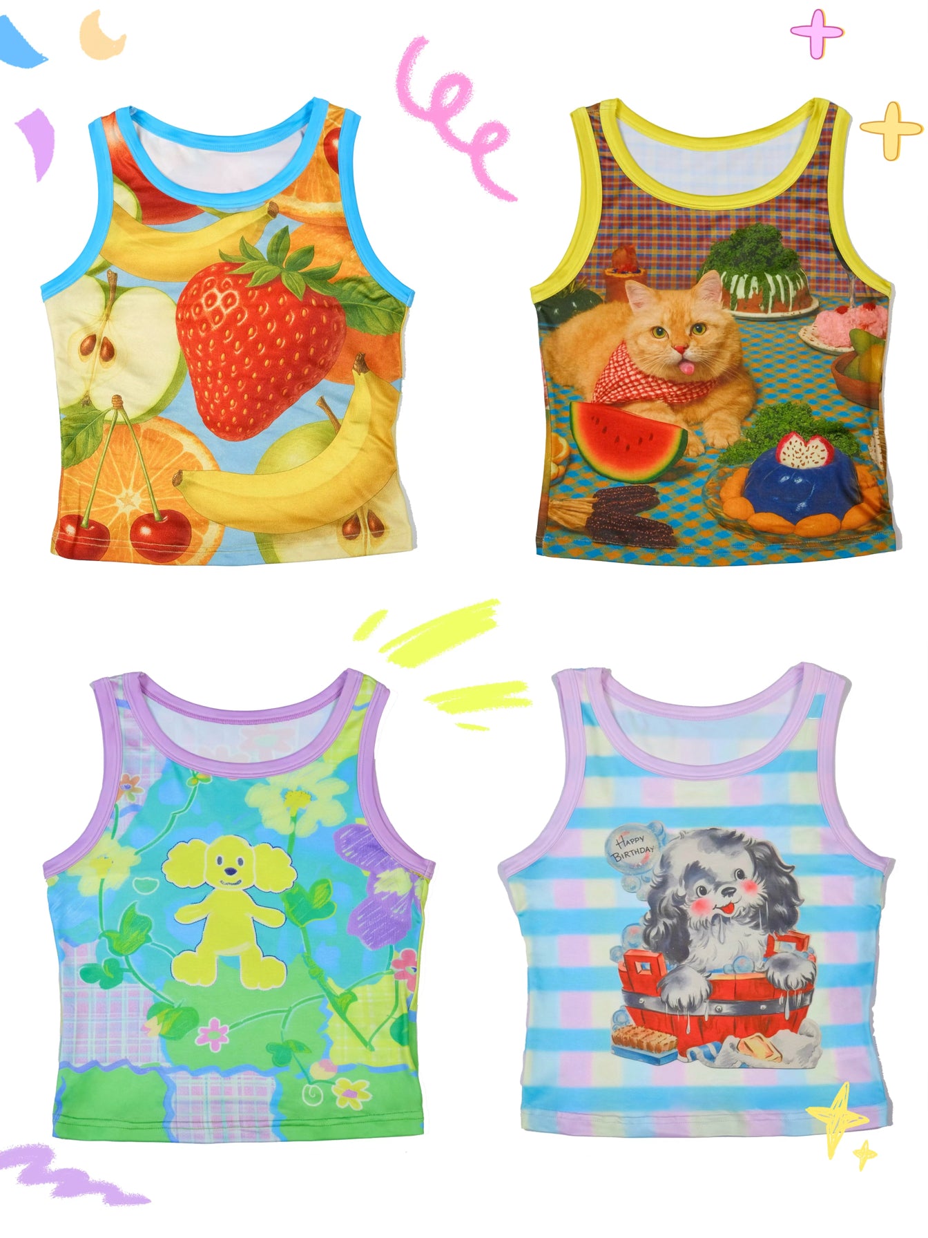 MeowMeow Bug KidCore Printed Sleeveless Tank Top – Fun Kawaii Activewear by Land Decora