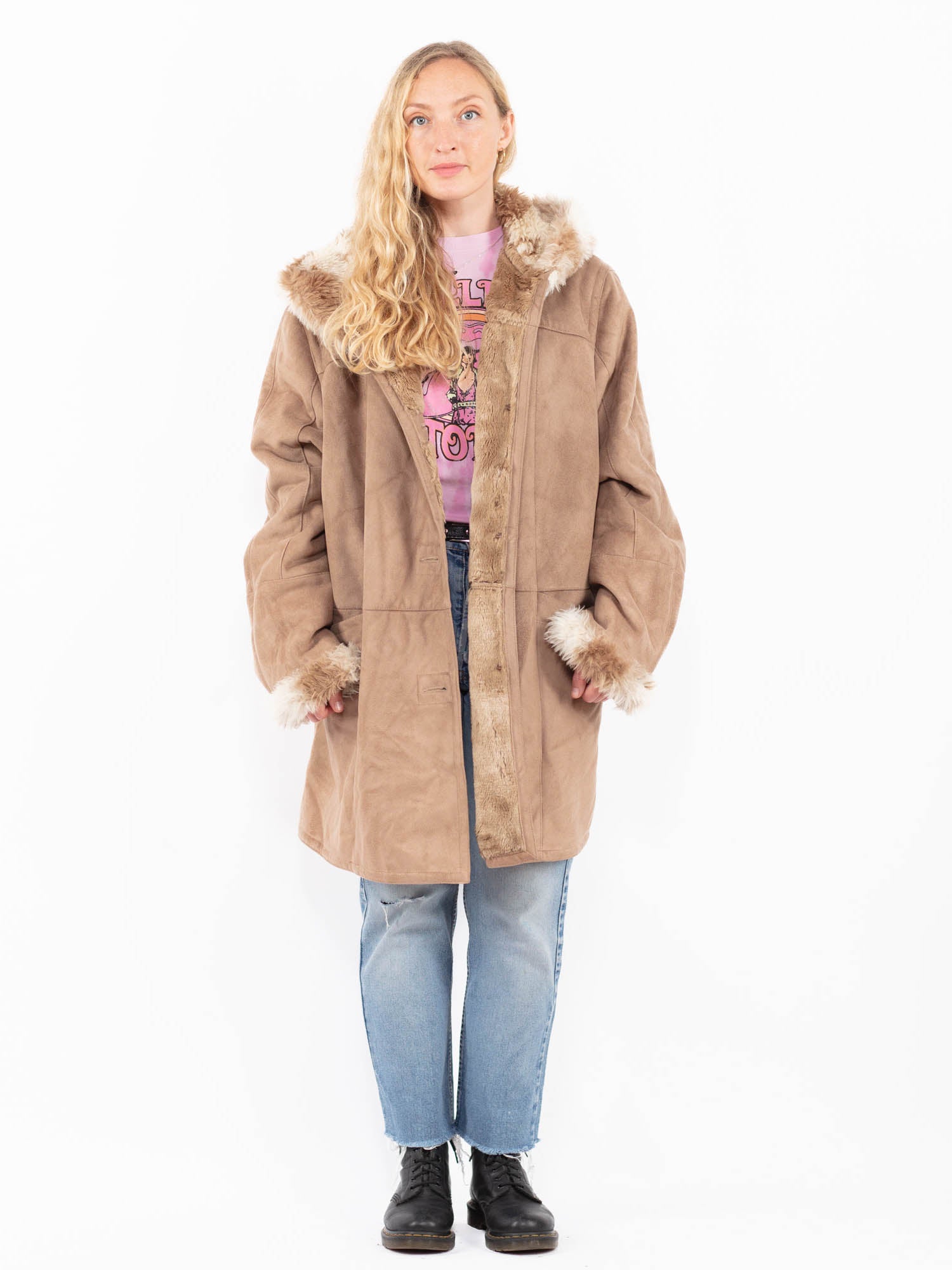 Vintage 90's Penny Lane Oversized Faux Sheepskin Coat in Beige by Northern Grip