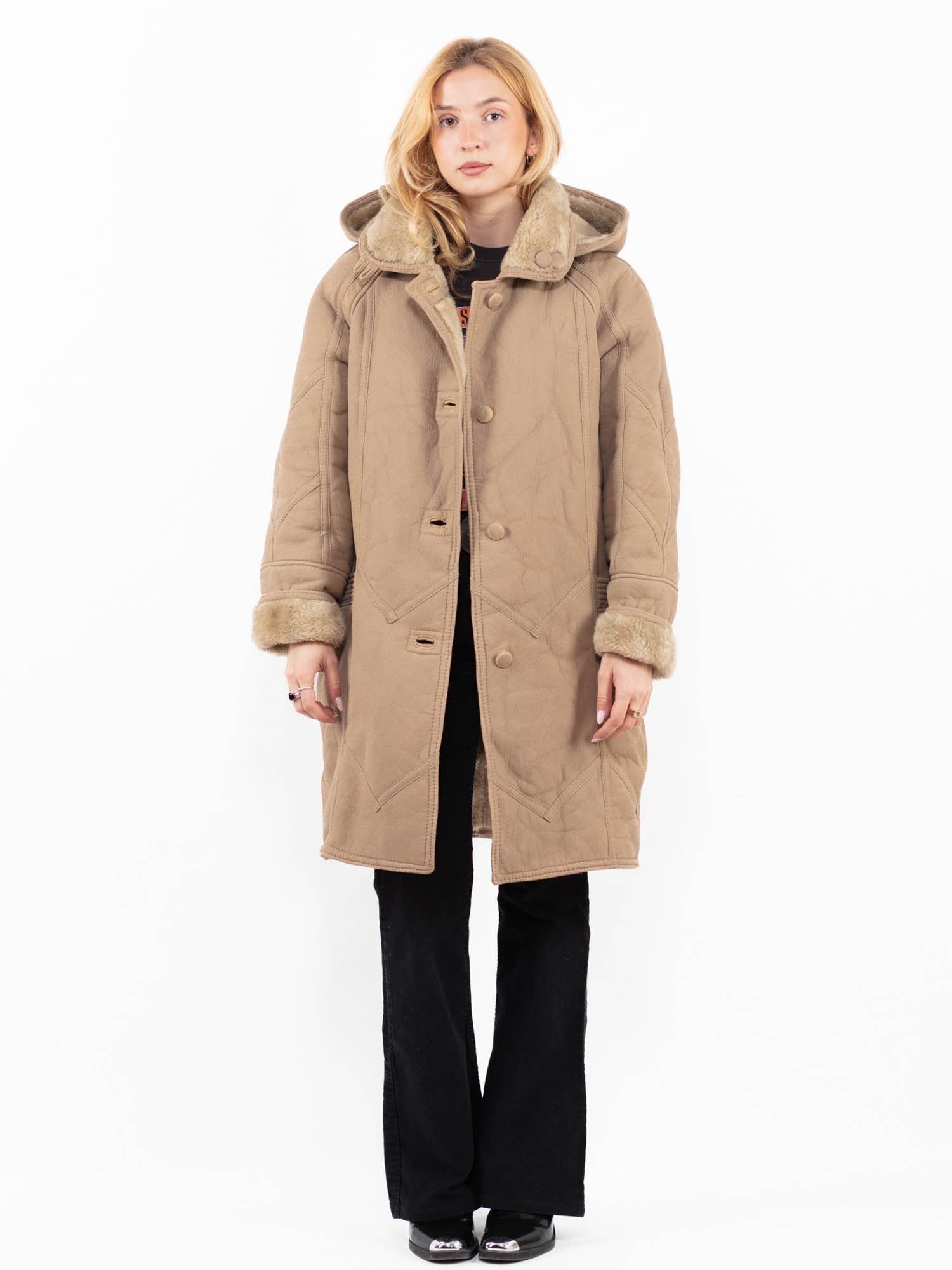 Vintage 90's Women Faux Sheepskin Coat in Beige by Northern Grip