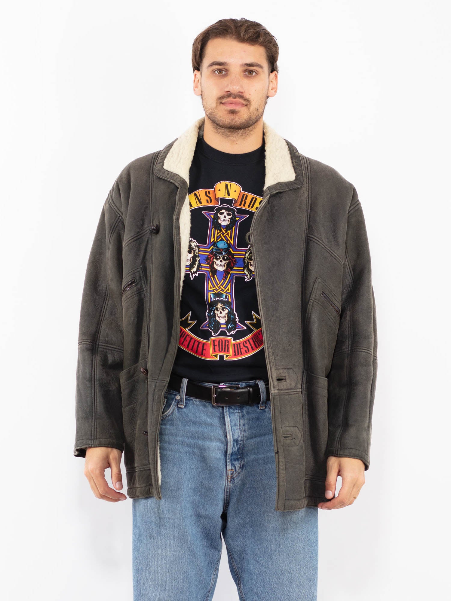 Vintage 70's Men Faux Sheepskin Coat in Gray by Northern Grip
