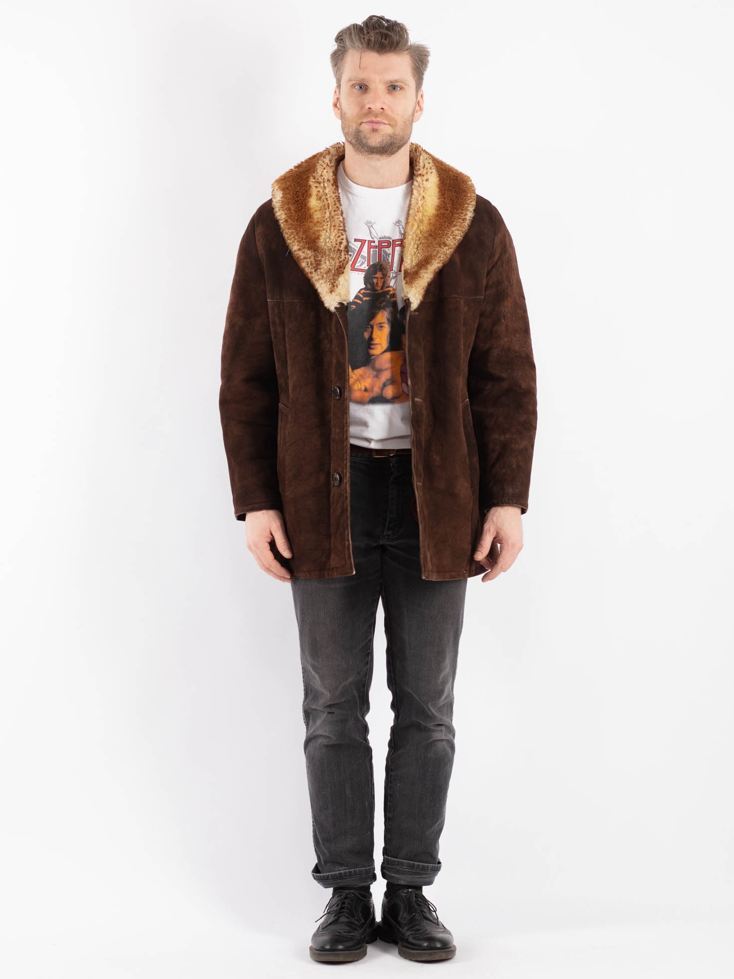 Vintage 70's Men Sheepskin Shearling Coat in Brown by Northern Grip