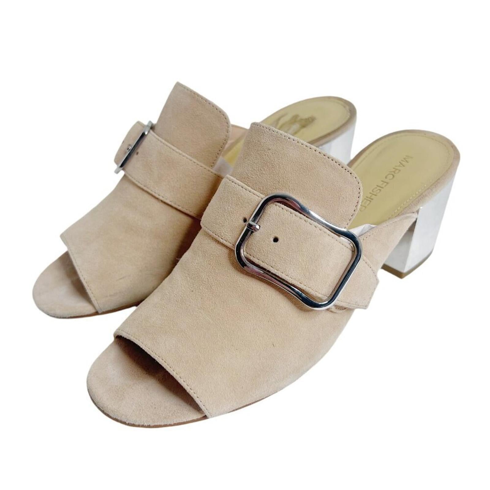 Marc Fisher Rima Tan Blush Suede Sandal Silver Block Heel Mule Slides by Hot Girl Secondhand