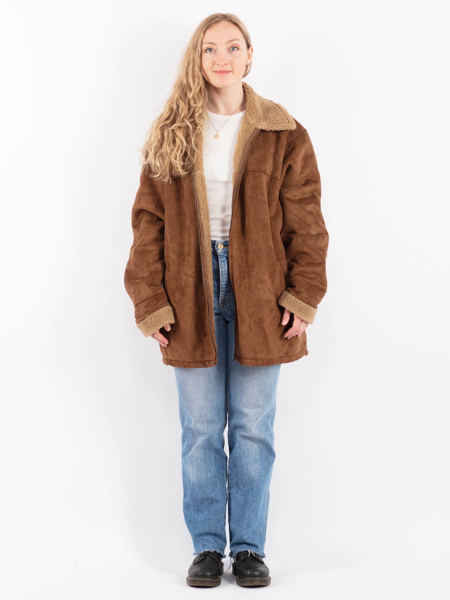 Vintage 90's Women Faux Sheepskin Coat in Brown by Northern Grip