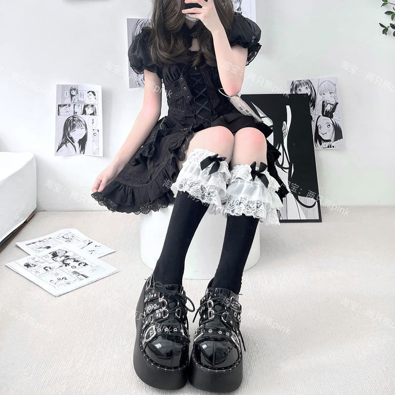 2 Bears Multi-Layer Lace Mid-Calf Socks | Japanese Bow Calf Socks by Land Decora