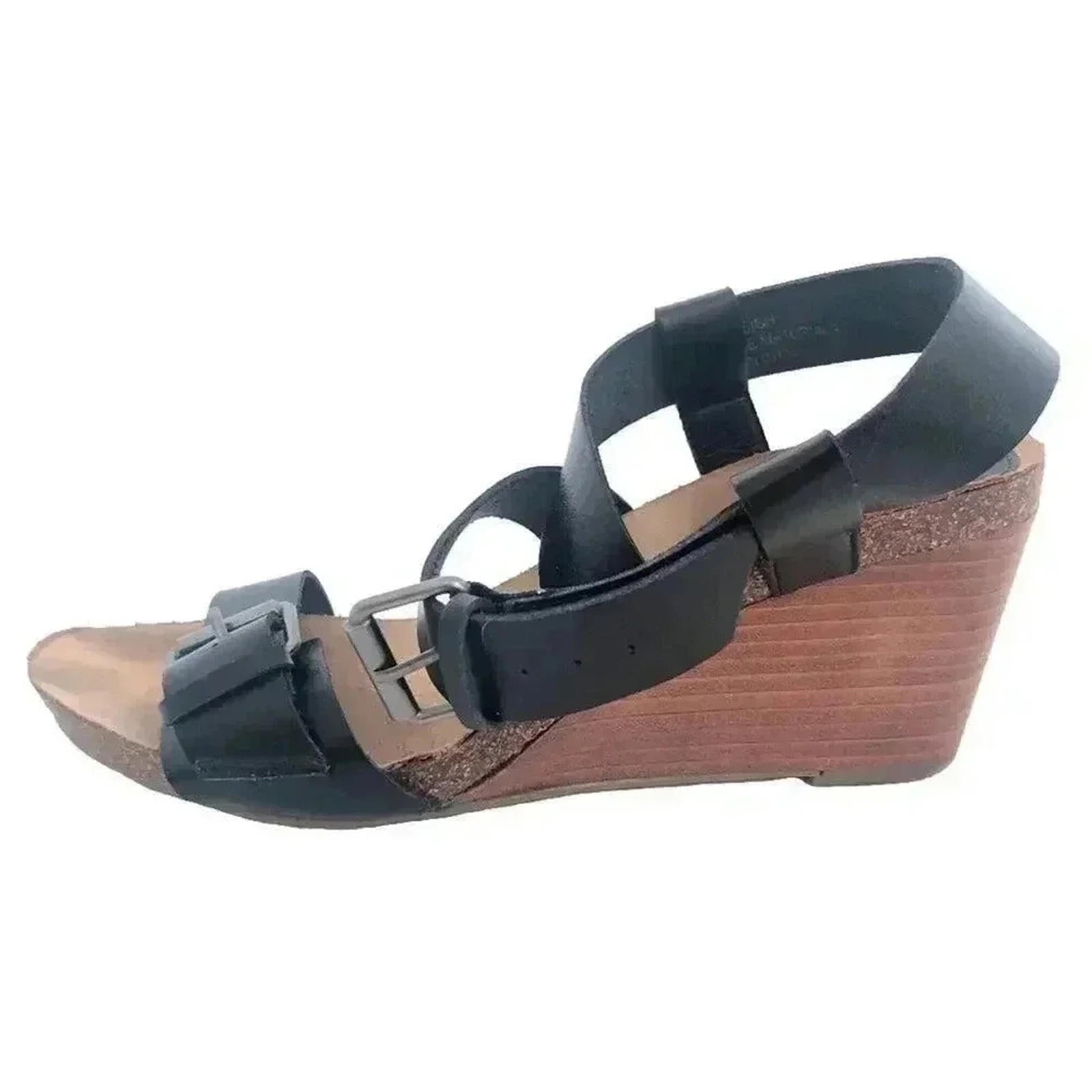 Crown Vintage Sigh Sandals Black Leather Strappy Wedges Heels Women's by Hot Girl Secondhand