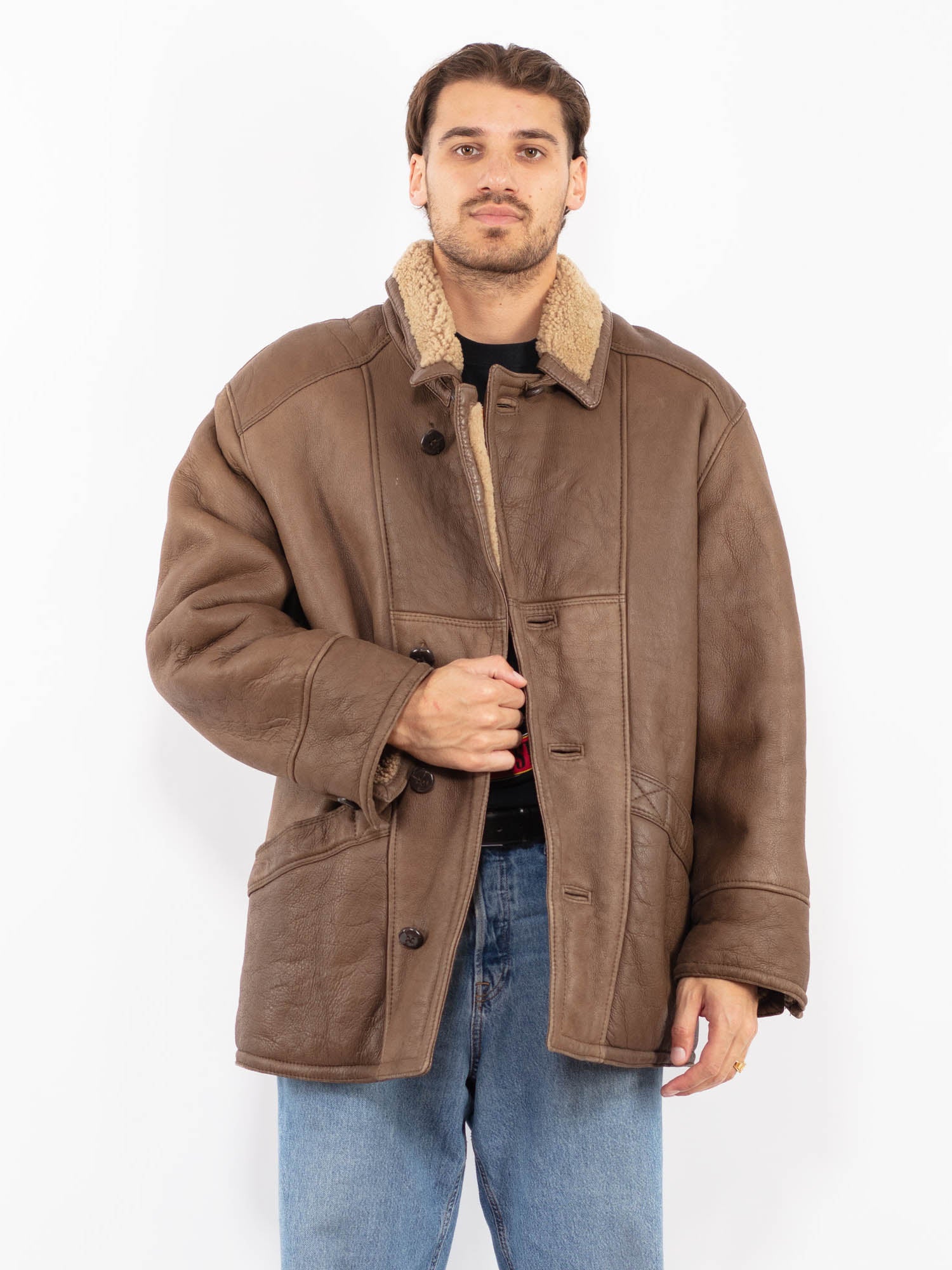Vintage 80's Men Shearling Leather Coat in Brown by Northern Grip