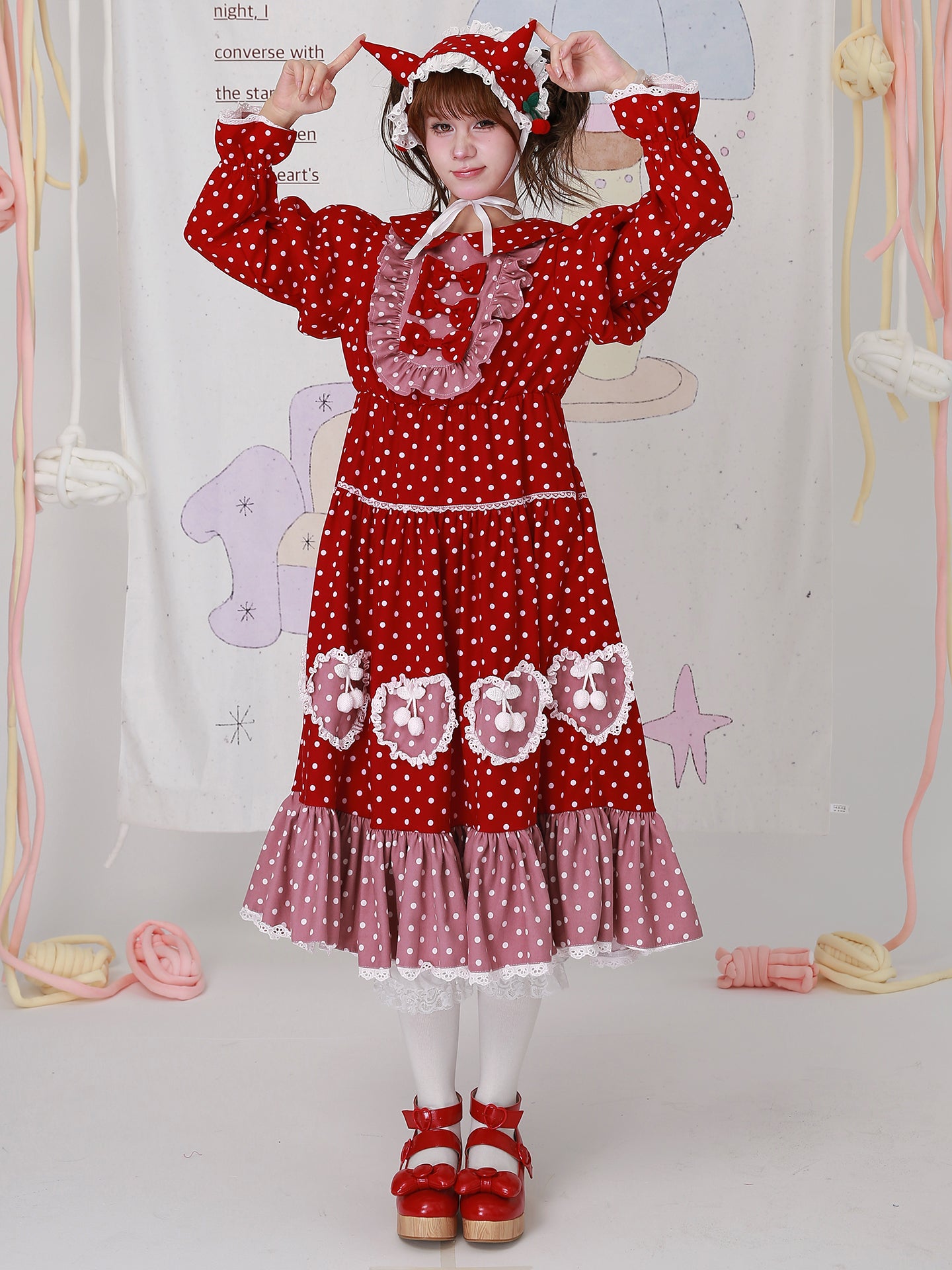 Kawaii Red Polka Dot Christmas Dress Vintage Lolita Long Sleeve - SOS MEME CLUB by Land Decora