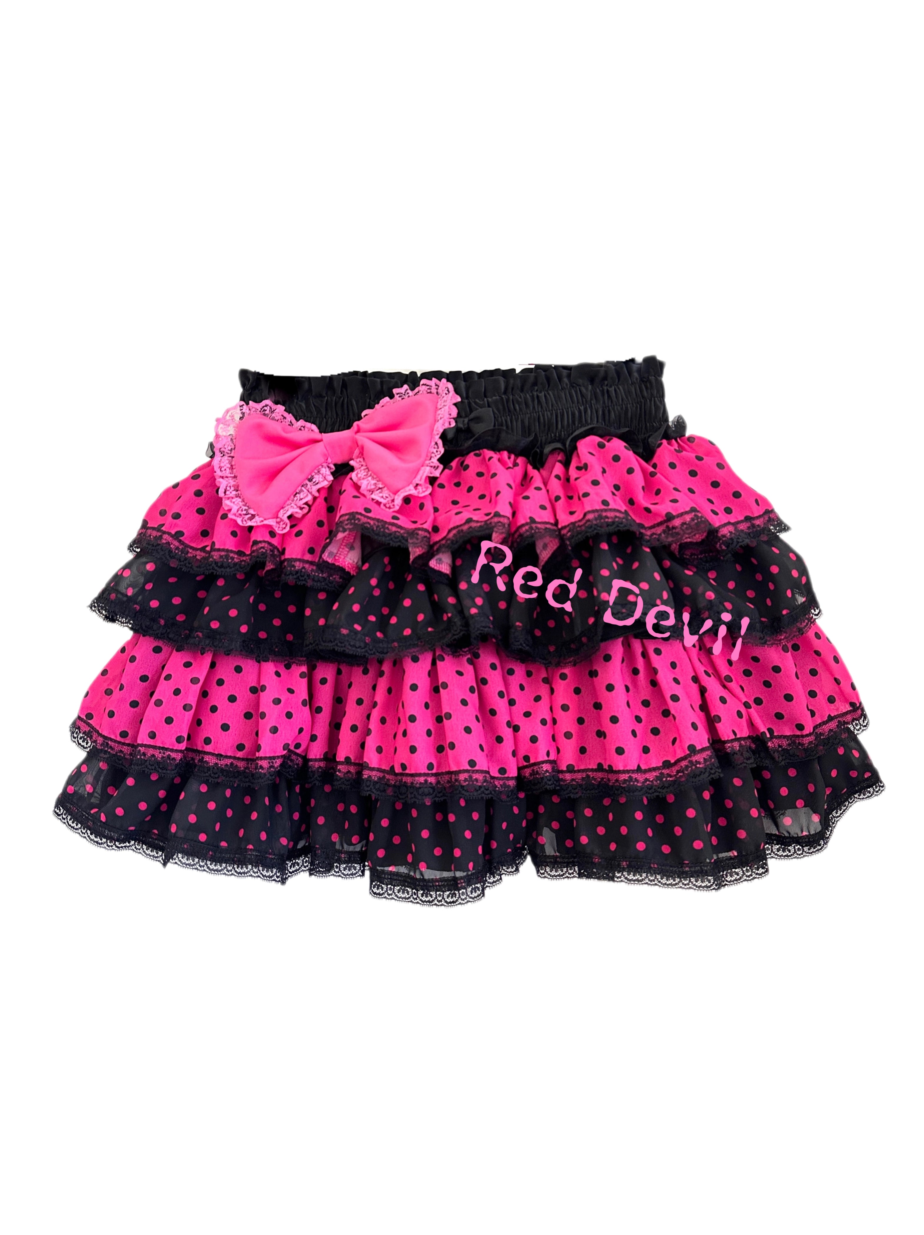 RedDevil Decora Kei Black Pink Polka Dot Y2K Layered Cake Skirt | Handmade Harajuku Fashion by Land Decora