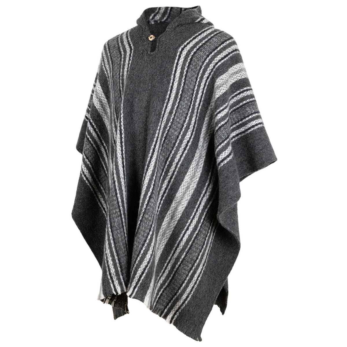 Llama Wool Unisex South American Handwoven Hooded Poncho - gray by ECUALAMA