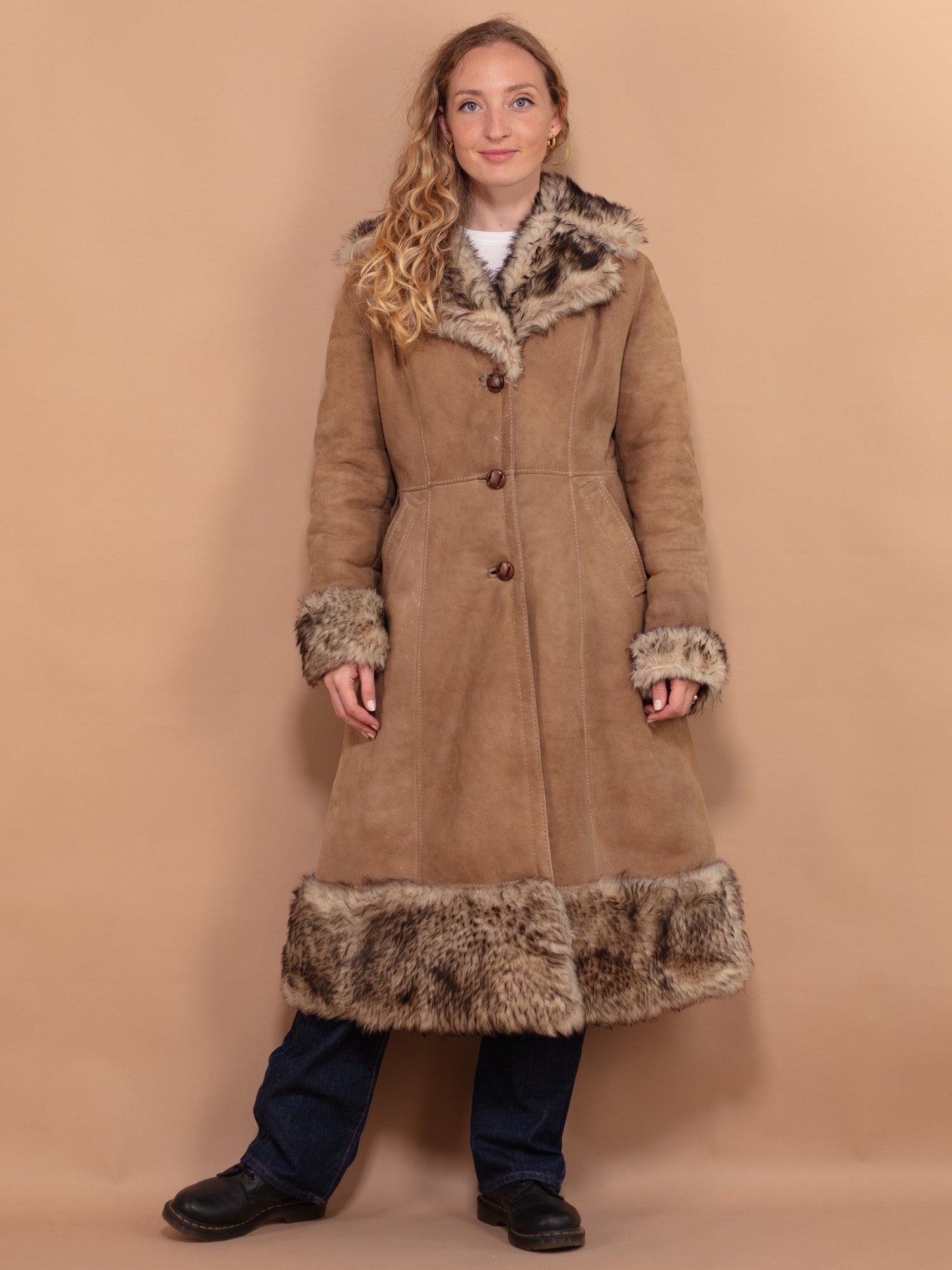 Vintage 70's Sheepskin Coat in Beige by Northern Grip