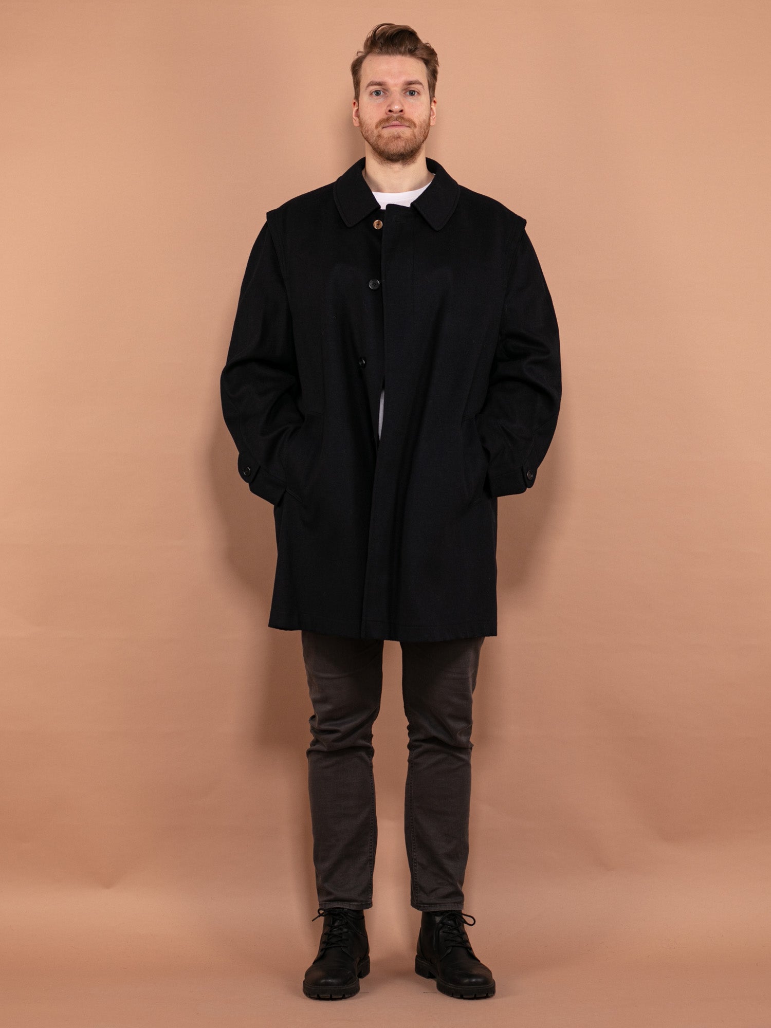 Vintage 90's Men Cashmere and Wool Blend Coat in Navy Blue by Northern Grip