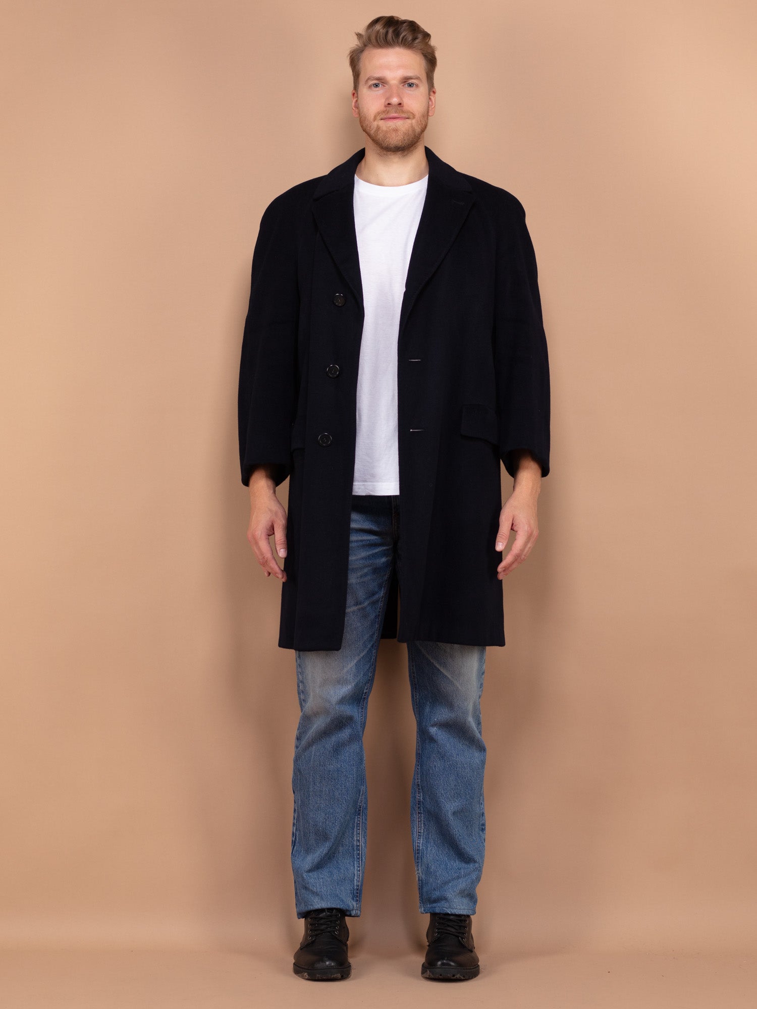 Vintage 80's Men Wool Blend Coat in Navy by Northern Grip