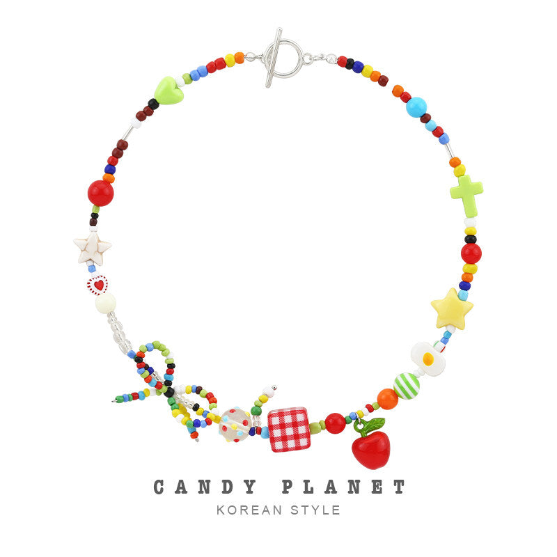 Apple Bow Beaded Necklace Y2K Kawaii by Land Decora