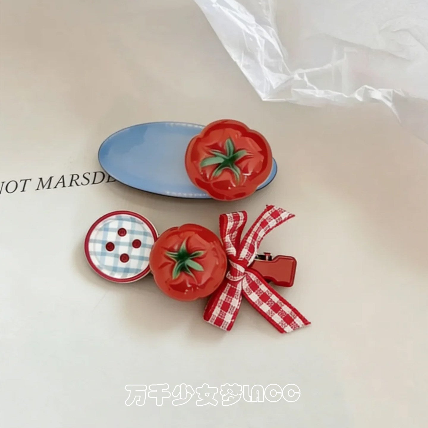 Tomato Plaid Bow Hair Clip Y2K Kawaii by Land Decora