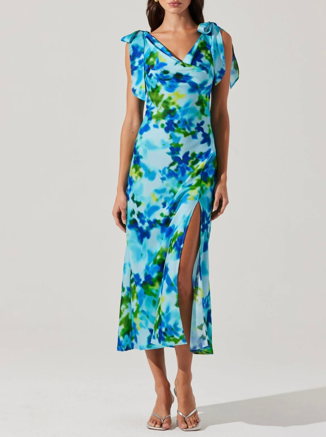 Allexina Satin Cowl Neck Midi Dress in Water Blue Print by Sierra Deene