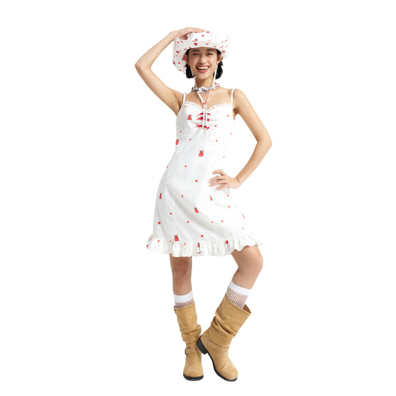 Girly White Cami Dress Heart Bear Print - Iscreamcolour MOF by Land Decora