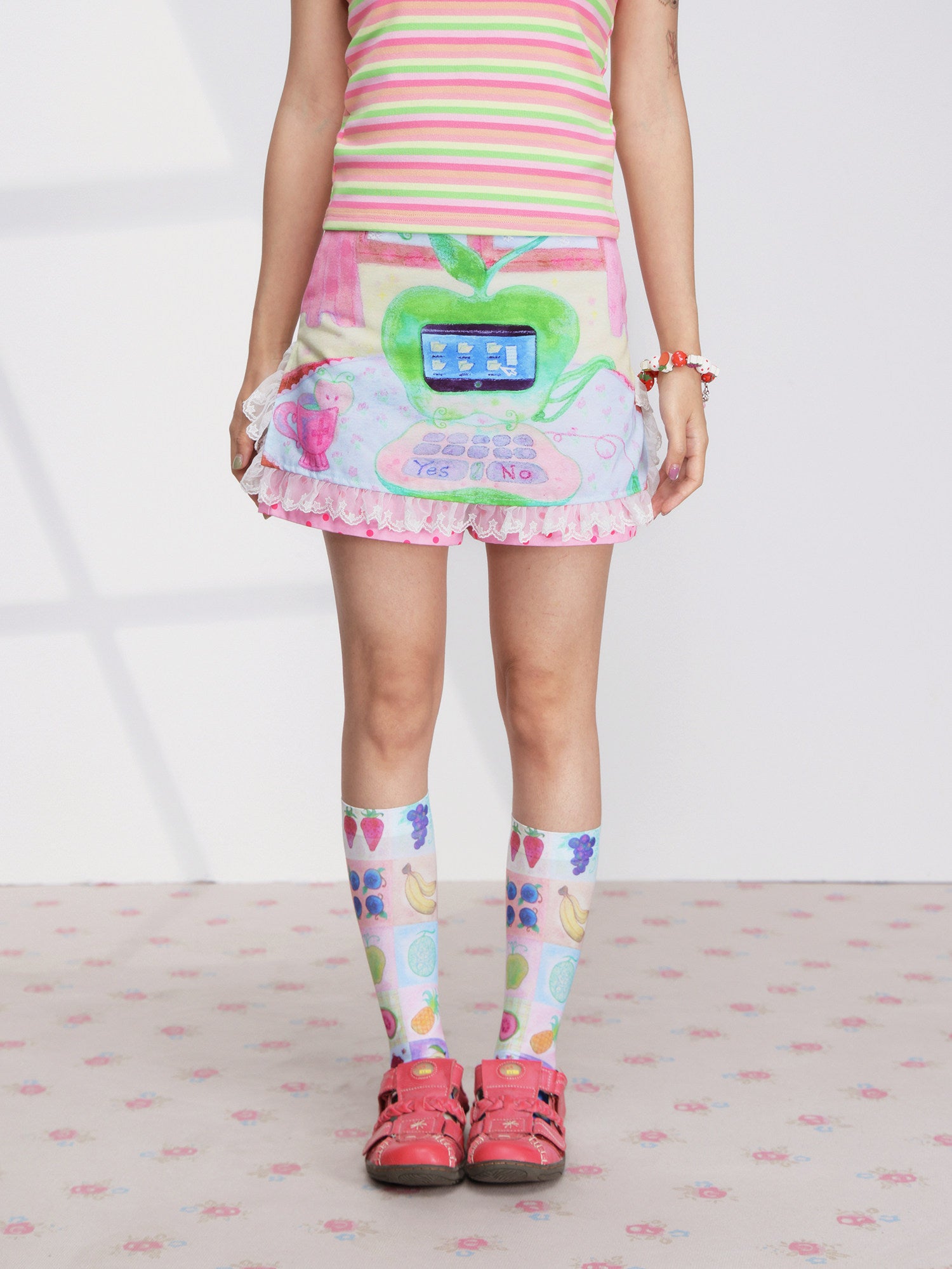 Green Apple Lace Skort Y2K Cyber Kawaii - FRUITS by Land Decora