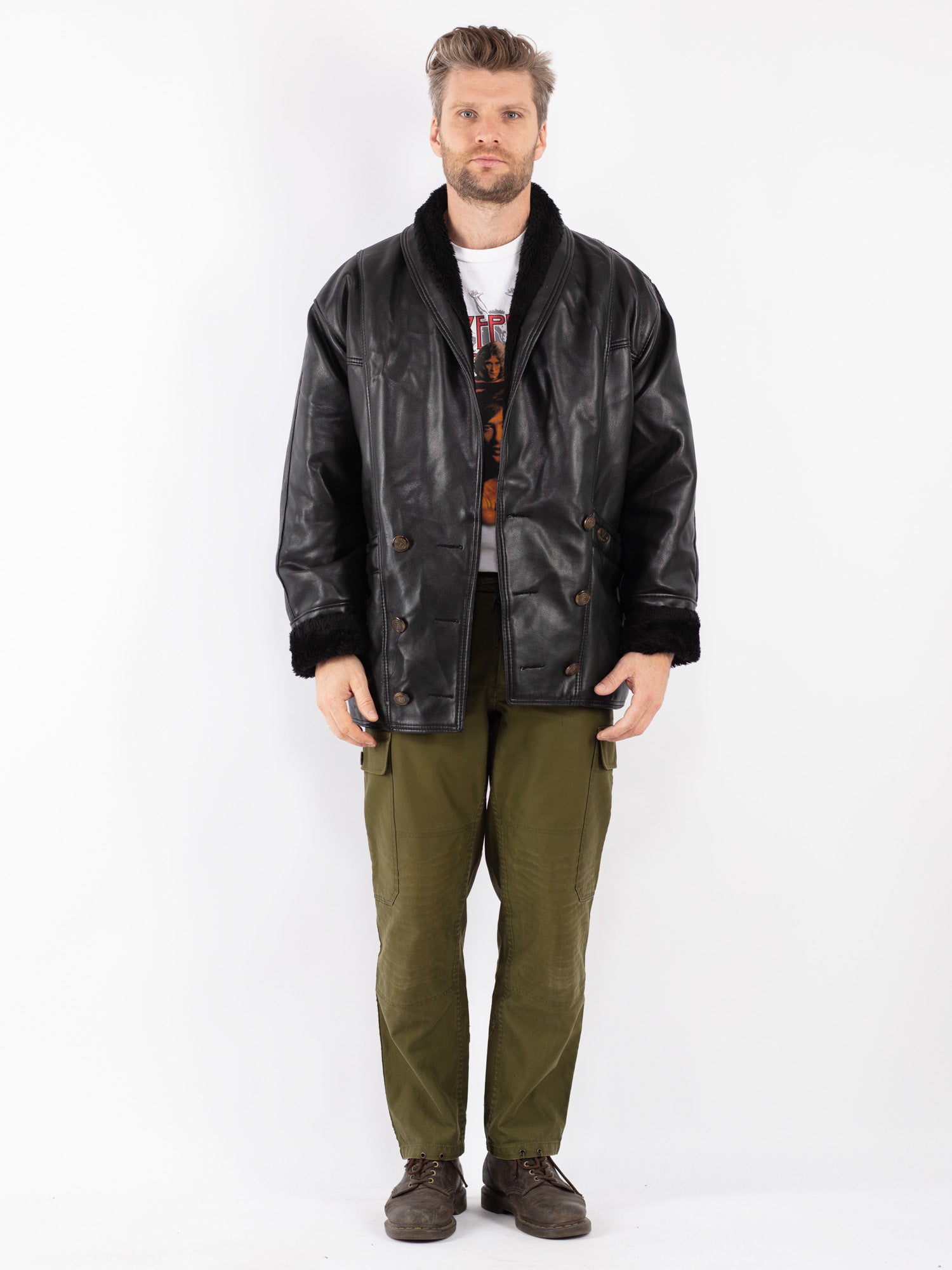 Vintage 90's Men Faux Sheepskin Coat in Black by Northern Grip