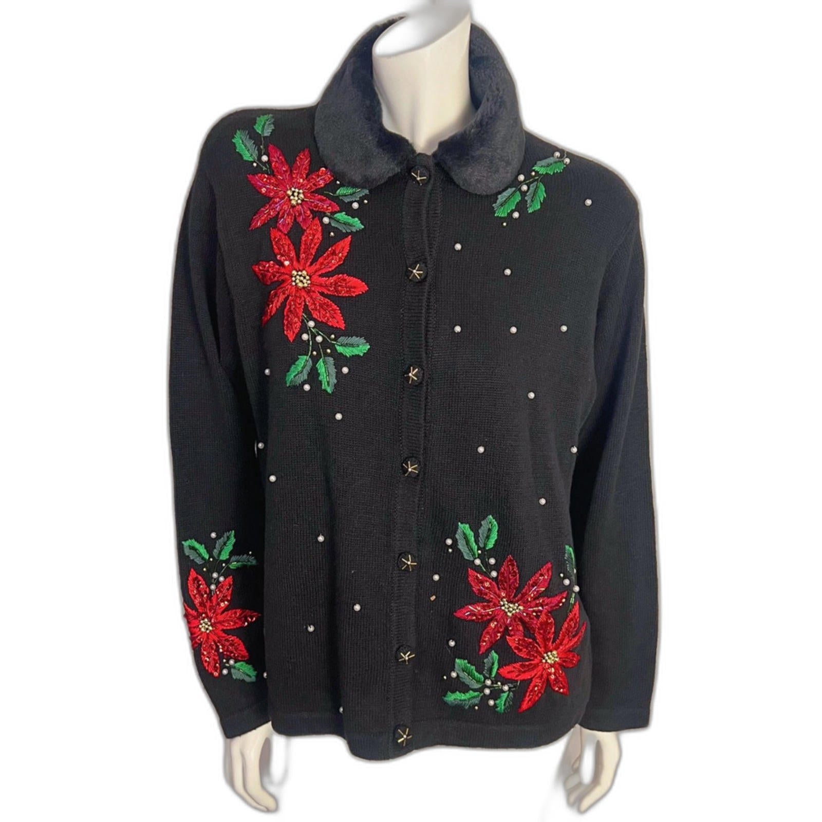 Vintage B.P. Design Poinsettia Embroidered Christmas Cardigan Sweater by Hot Girl Secondhand