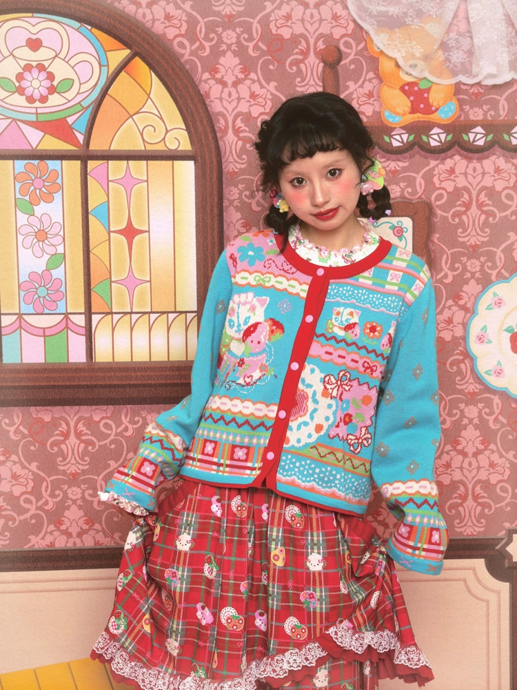 Harajuku Cardigan Blue Strawberry Kitten Cardigan Decora Kei Cardigan | Lutra Jump by Land Decora