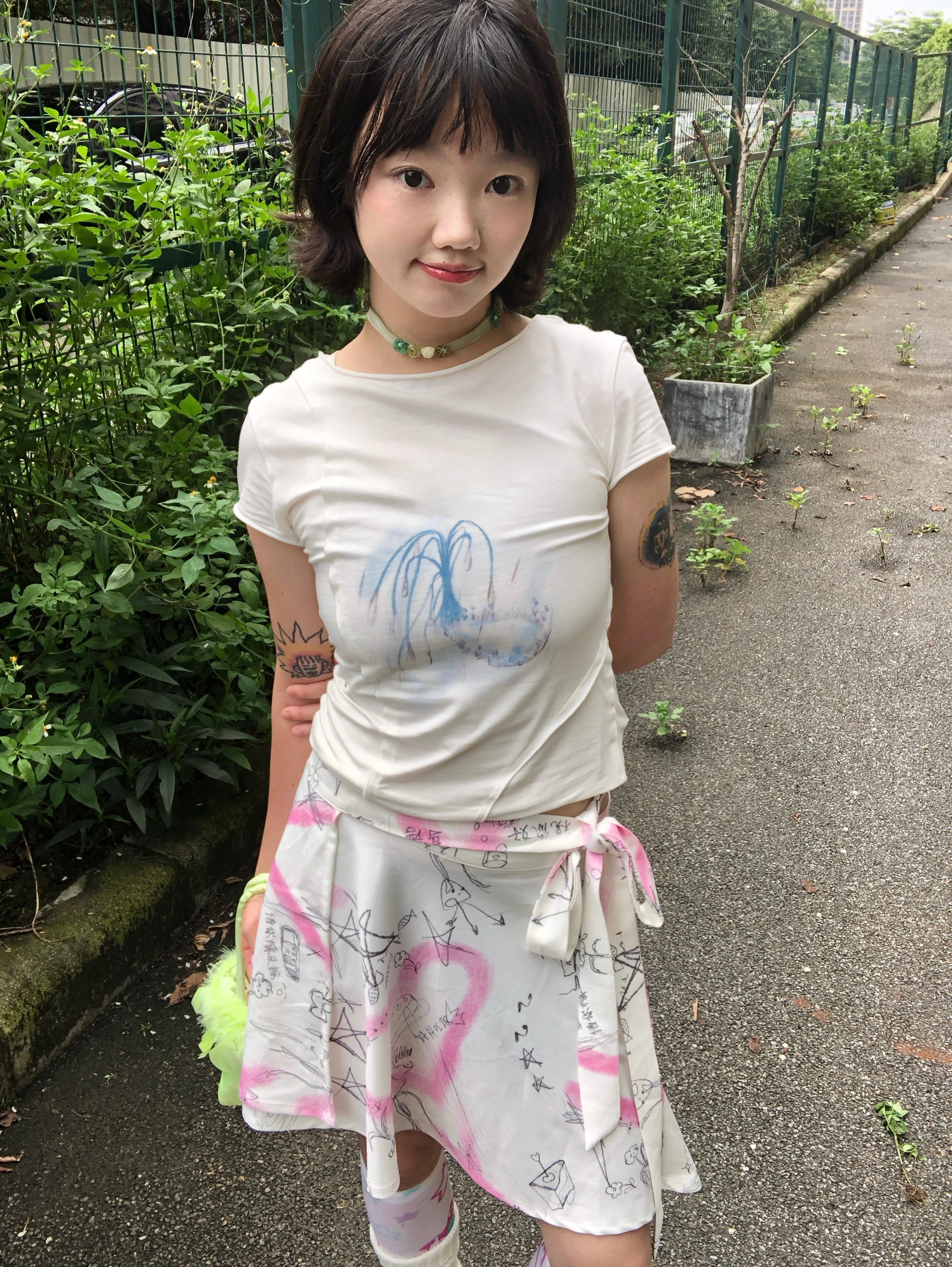Harajuku T-Shirt White One Tear Artistic Patchwork Moon Meadow by Land Decora