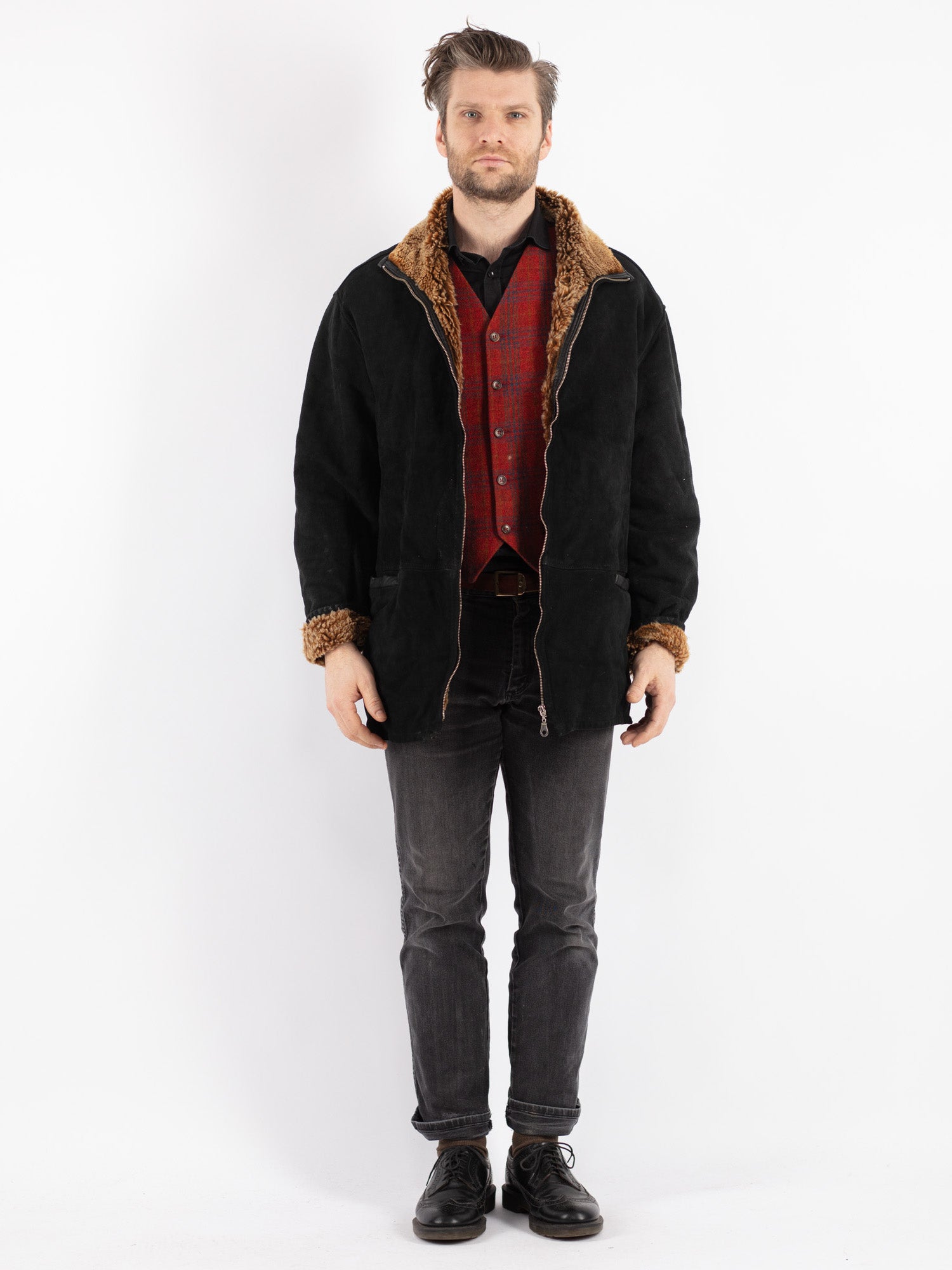 Vintage 90's Men Sheepskin Jacket in Black by Northern Grip