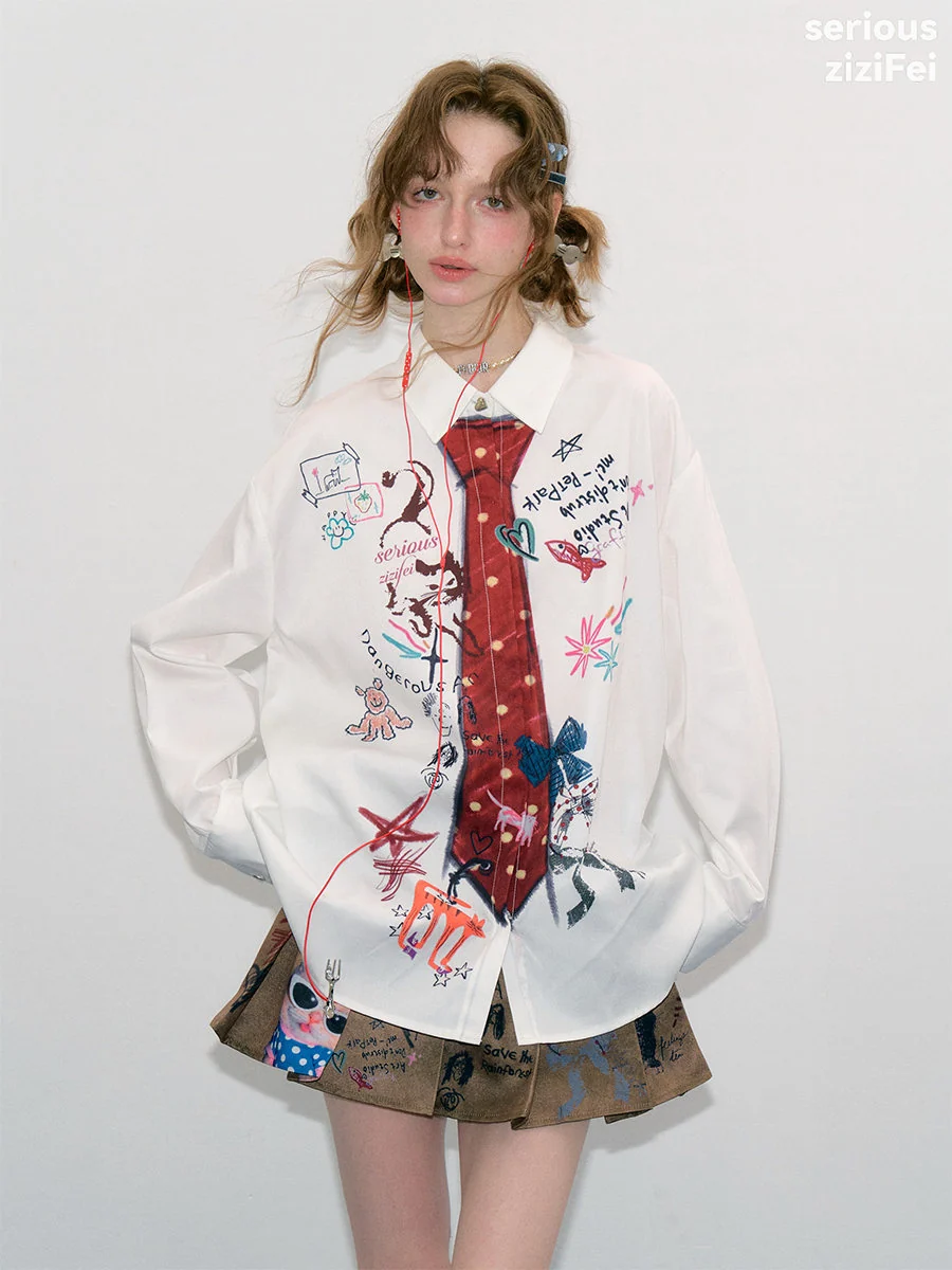 Vintage Graffiti Tie Oversized Shirt - ziziFei by Land Decora