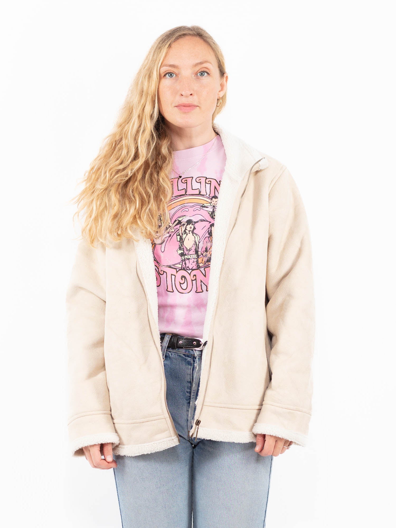 Vintage 00's Women Faux Sheepskin Jacket in Beige by Northern Grip