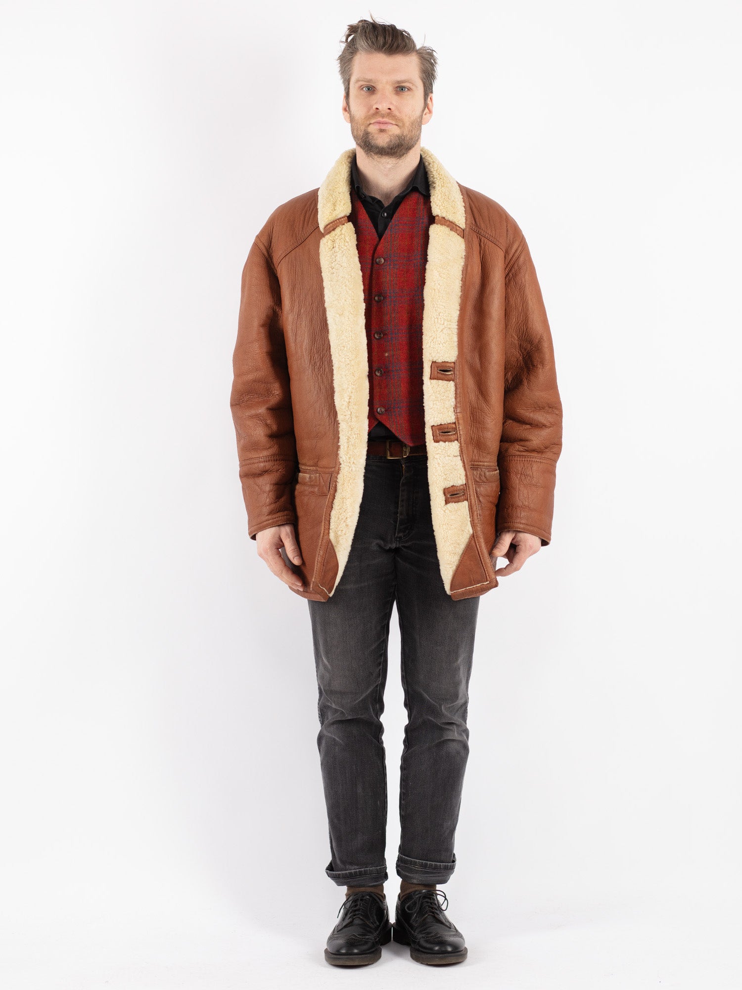 Vintage 80's Men Sheepskin Shearling Coat in Brown by Northern Grip